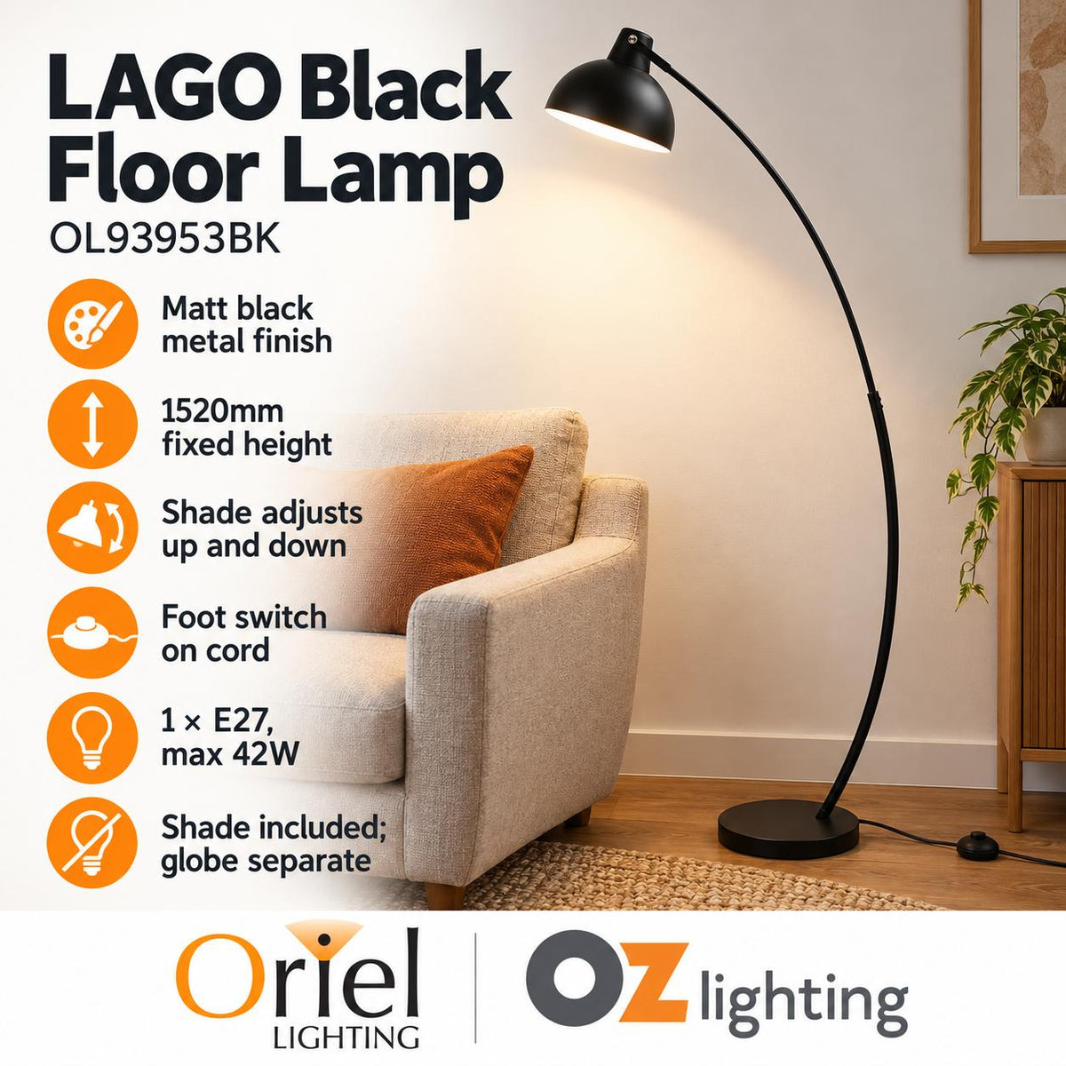Oriel LAGO Floor Lamp - Black and White-Oriel Lighting-Ozlighting.com.au