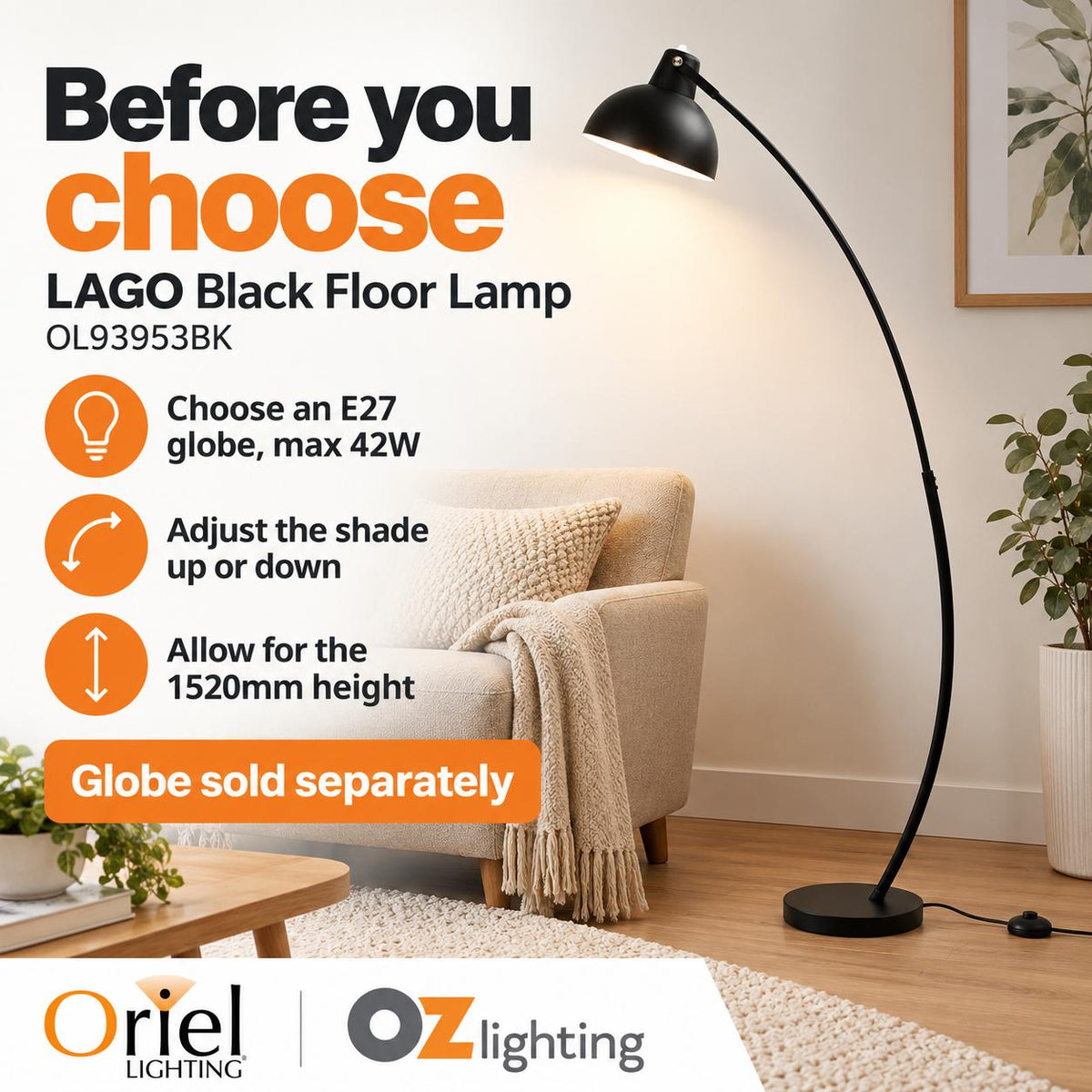 Oriel LAGO Floor Lamp - Black and White-Oriel Lighting-Ozlighting.com.au