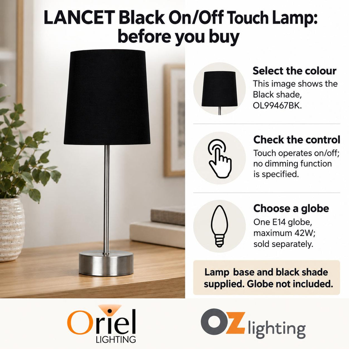 Oriel LANCET Touch Lamp - Base-Oriel Lighting-Ozlighting.com.au