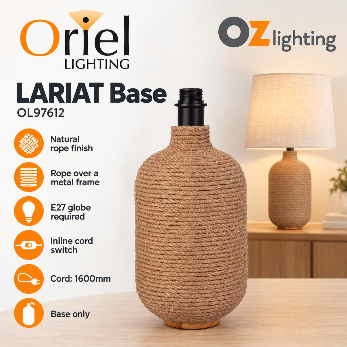 Oriel LARIAT Table Lamp Base Only - Rope-Oriel Lighting-Ozlighting.com.au