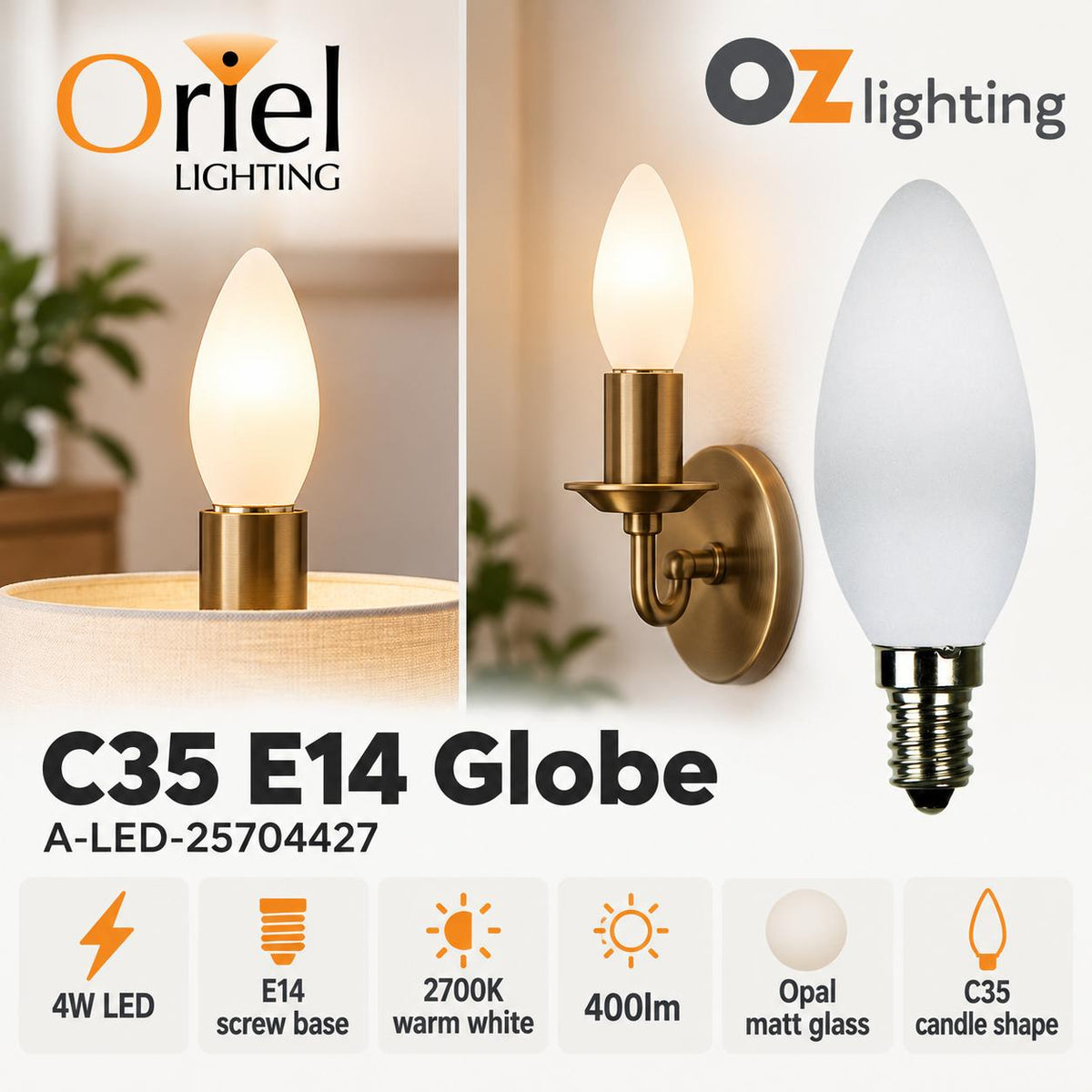 Oriel LED Filament Globe - 4W, C35, E14-Oriel Lighting-Ozlighting.com.au