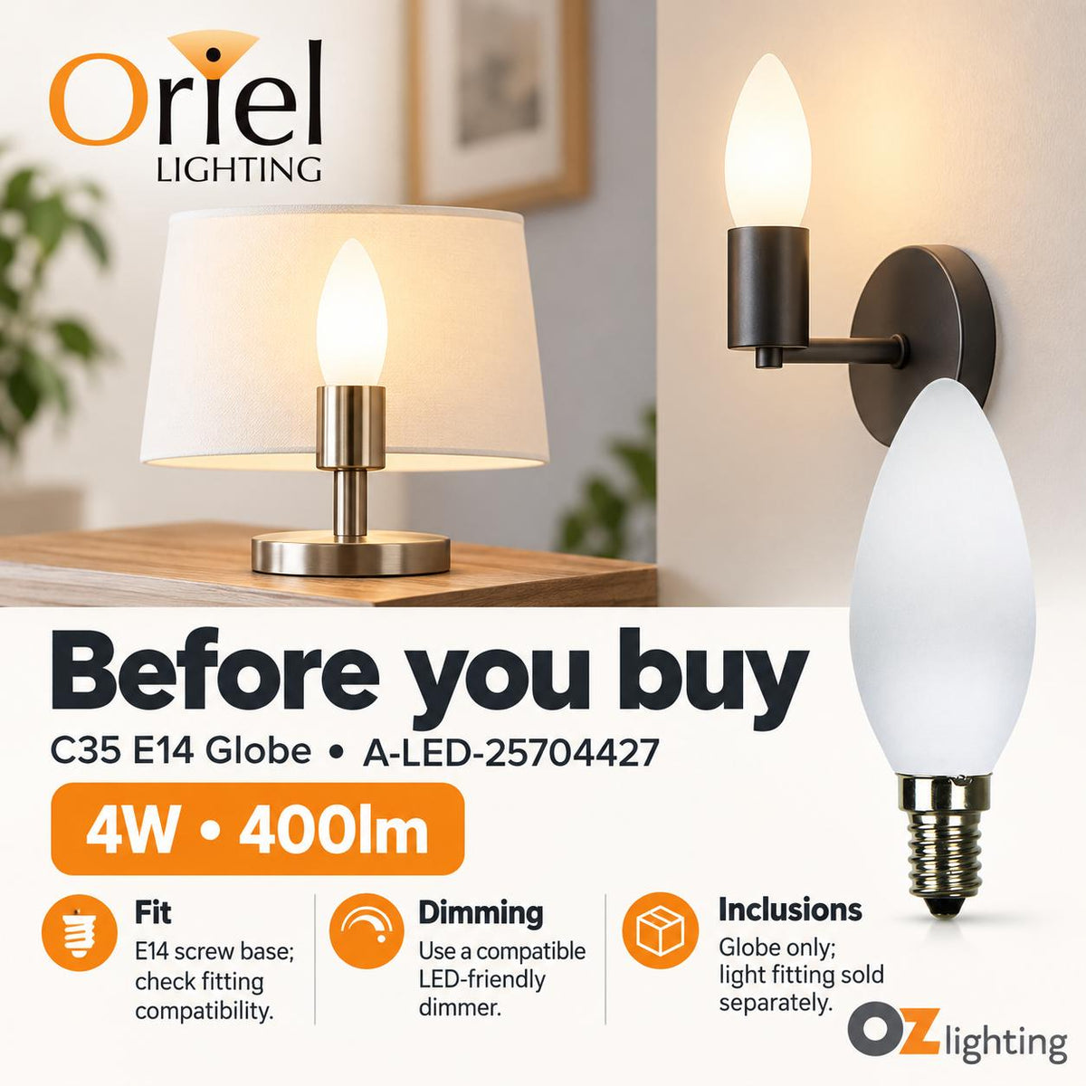 Oriel LED Filament Globe - 4W, C35, E14-Oriel Lighting-Ozlighting.com.au