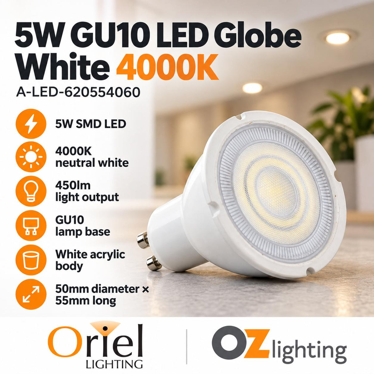 Oriel LED Globe - 5W, GU10-Oriel Lighting-Ozlighting.com.au