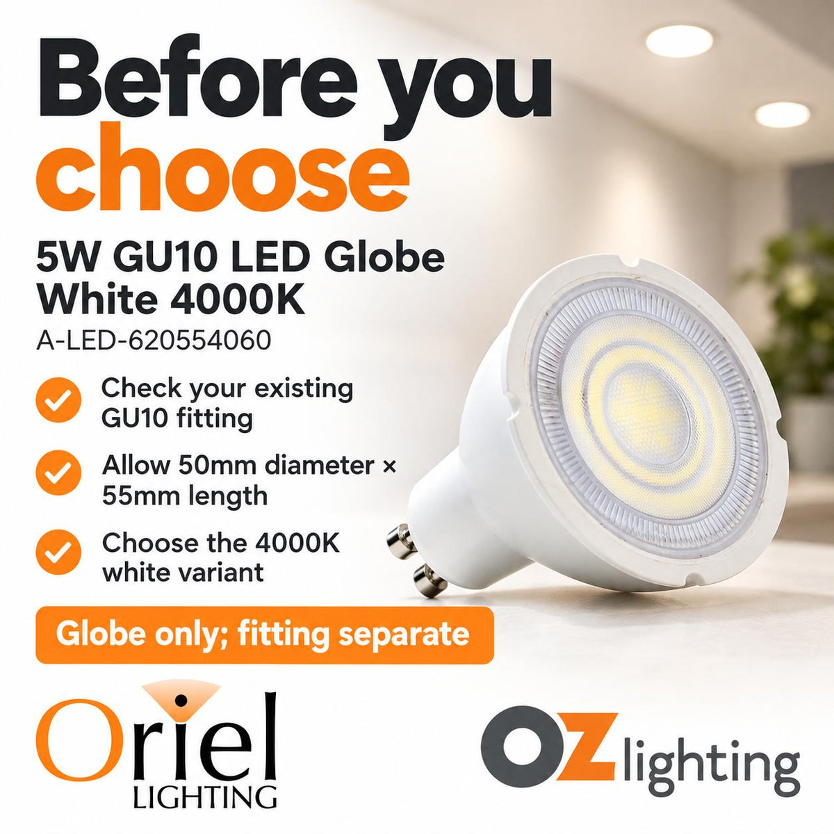 Oriel LED Globe - 5W, GU10-Oriel Lighting-Ozlighting.com.au