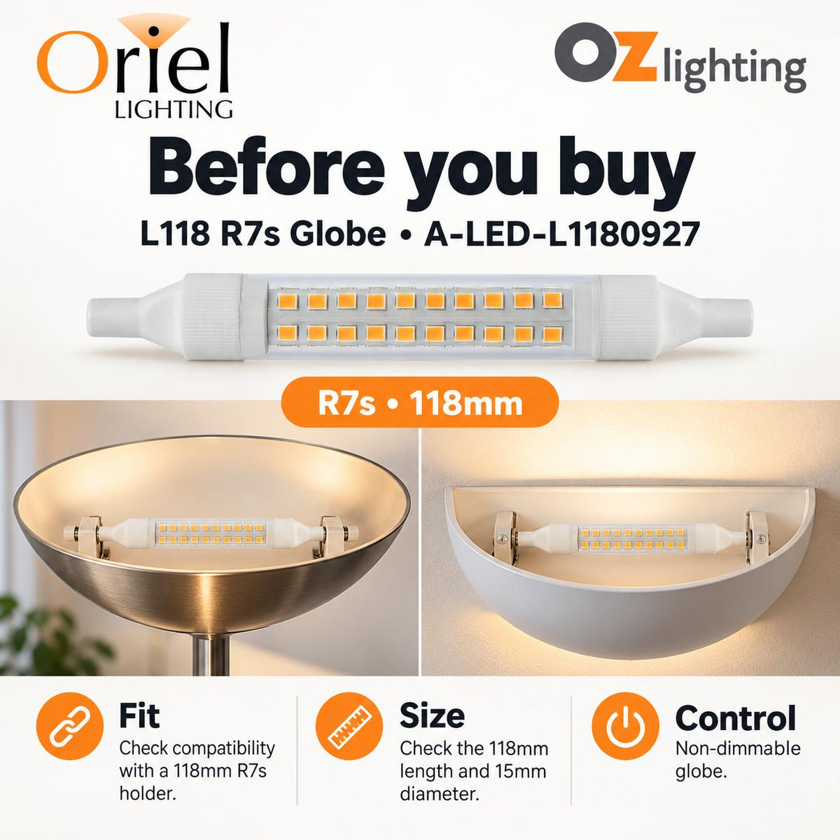Oriel LED L118 LED Globe - 9W, Linear, R7s-Oriel Lighting-Ozlighting.com.au