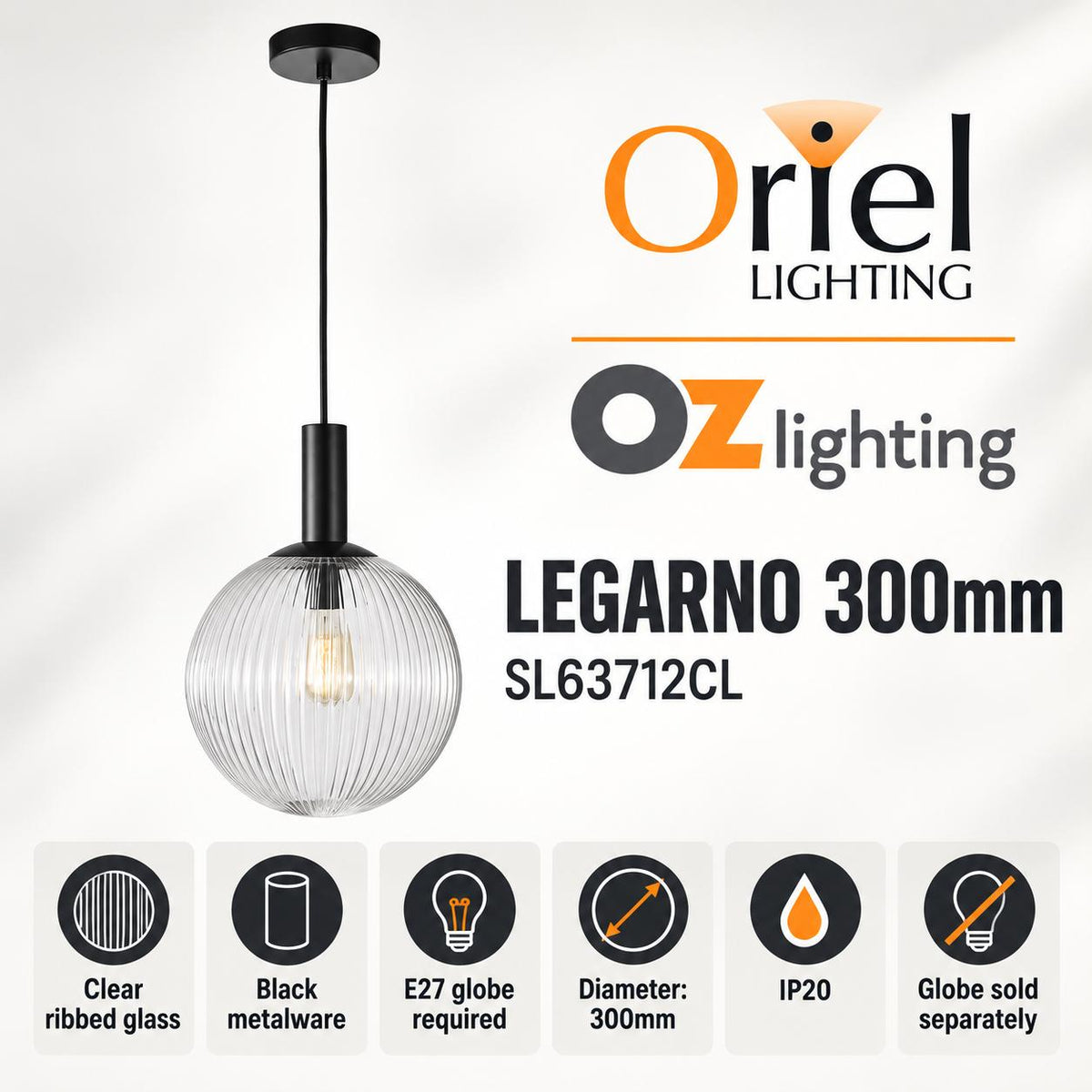Oriel LEGARNO Pendant - 1 Light Clear Glass-Oriel Lighting-Ozlighting.com.au