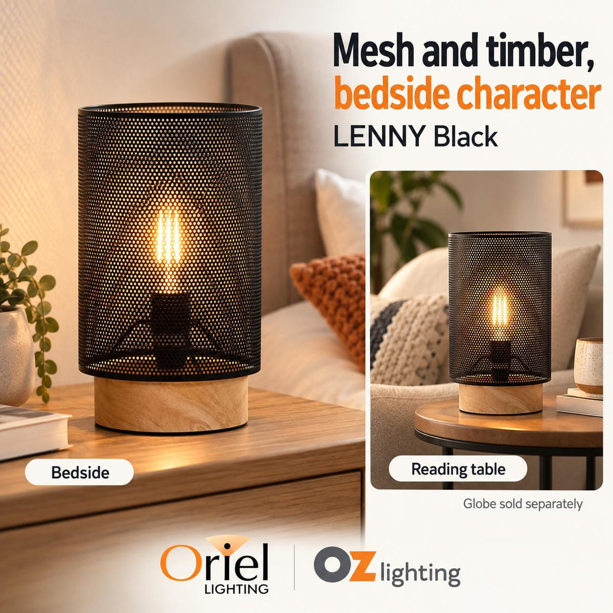 Oriel LENNY Table Lamp - Max. 40W, Mesh Bedside-Oriel Lighting-Ozlighting.com.au