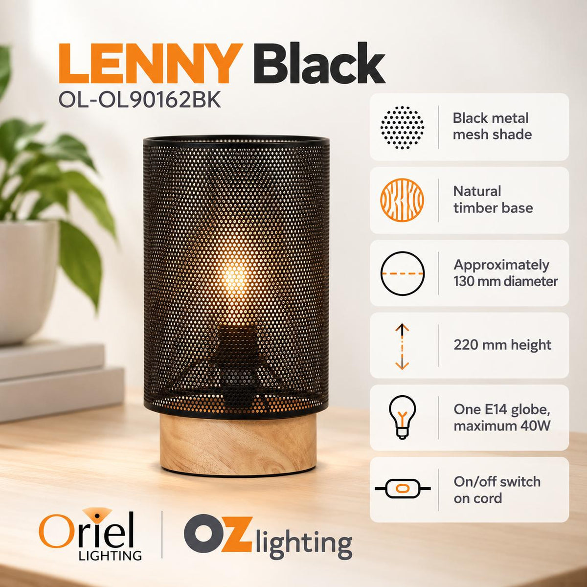 Oriel LENNY Table Lamp - Max. 40W, Mesh Bedside-Oriel Lighting-Ozlighting.com.au