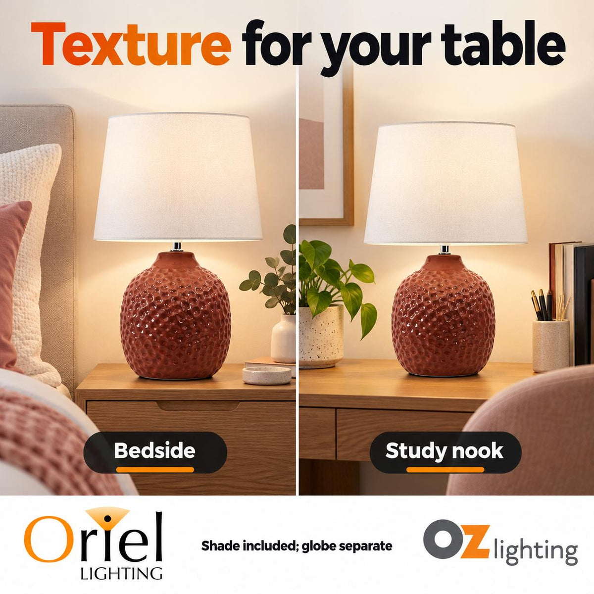 Oriel LILIA Table Lamp - Pink Textured Ceramic-Oriel Lighting-Ozlighting.com.au
