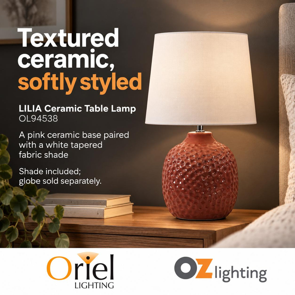 Oriel LILIA Table Lamp - Pink Textured Ceramic-Oriel Lighting-Ozlighting.com.au