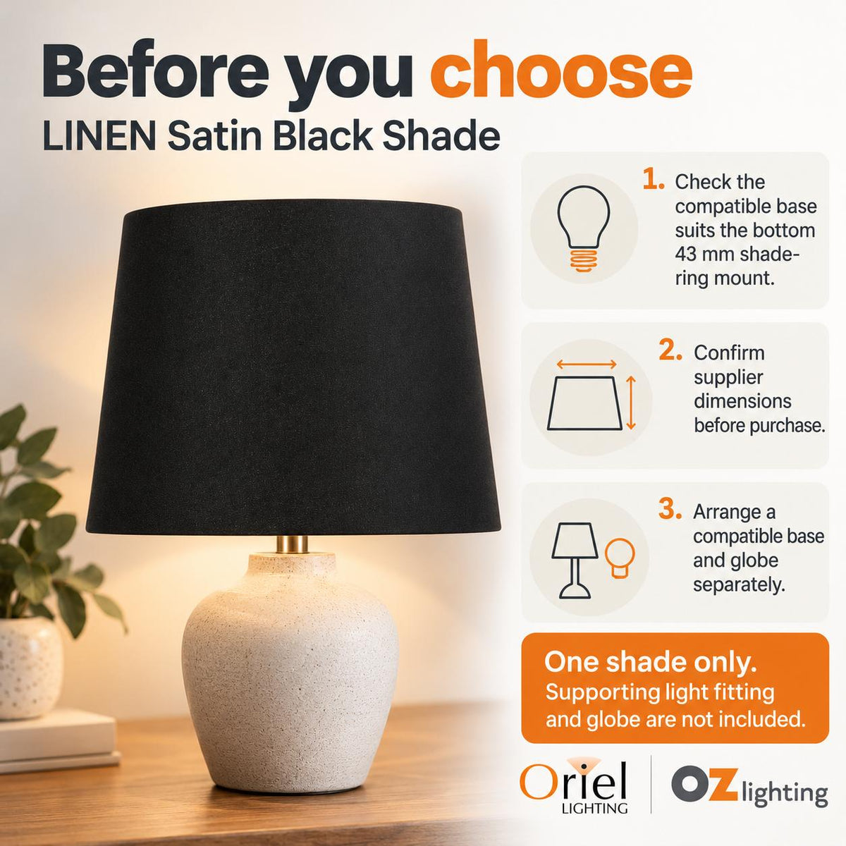 Oriel LINEN Lamp Shade - 27cm Hardbacked Linen Table, Satin Black-Oriel Lighting-Ozlighting.com.au