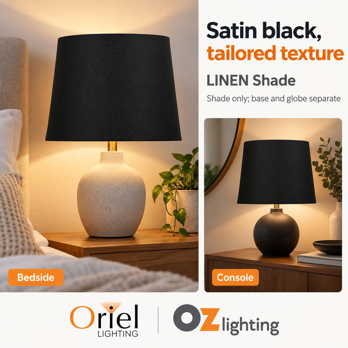 Oriel LINEN Lamp Shade - 27cm Hardbacked Linen Table, Satin Black-Oriel Lighting-Ozlighting.com.au