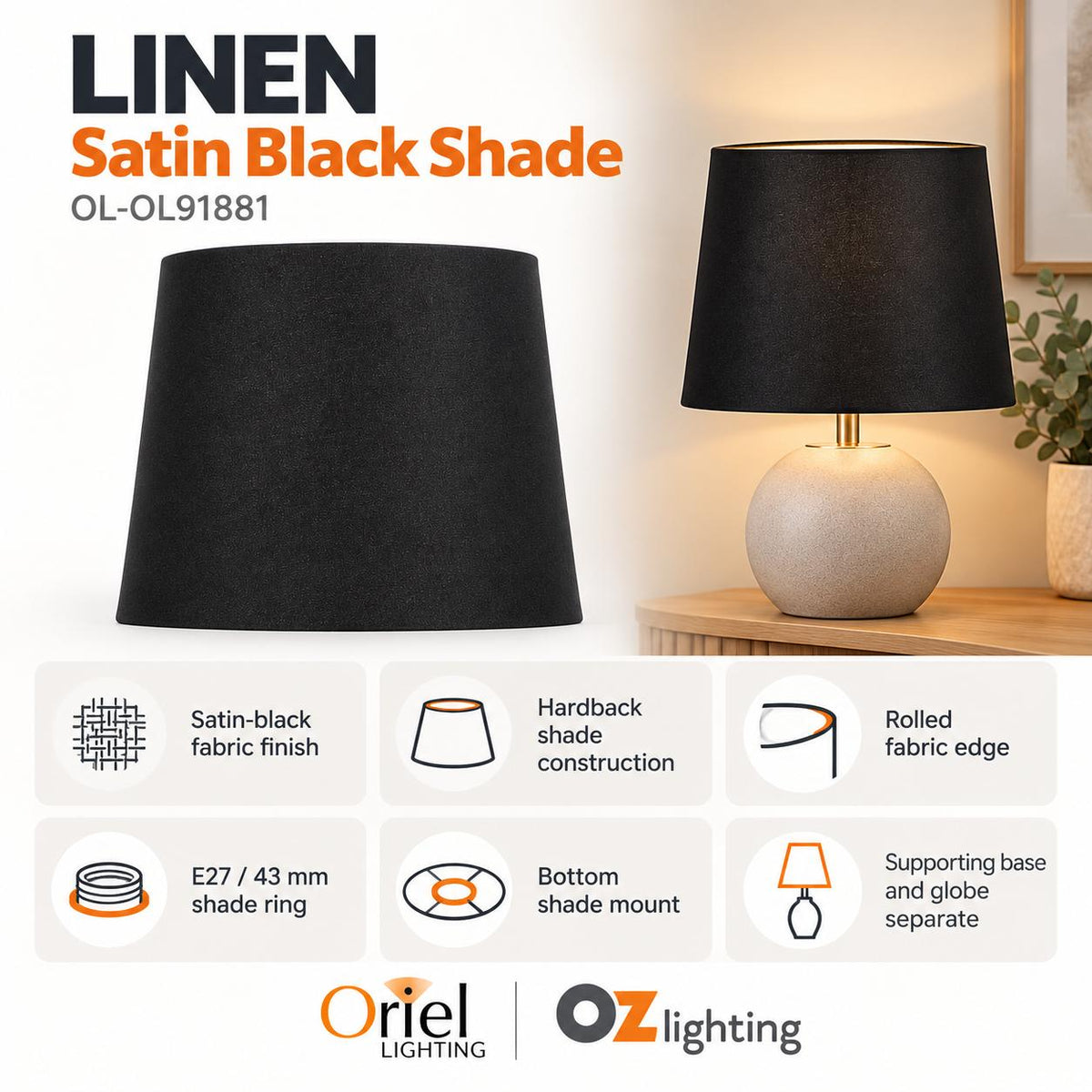 Oriel LINEN Lamp Shade - 27cm Hardbacked Linen Table, Satin Black-Oriel Lighting-Ozlighting.com.au