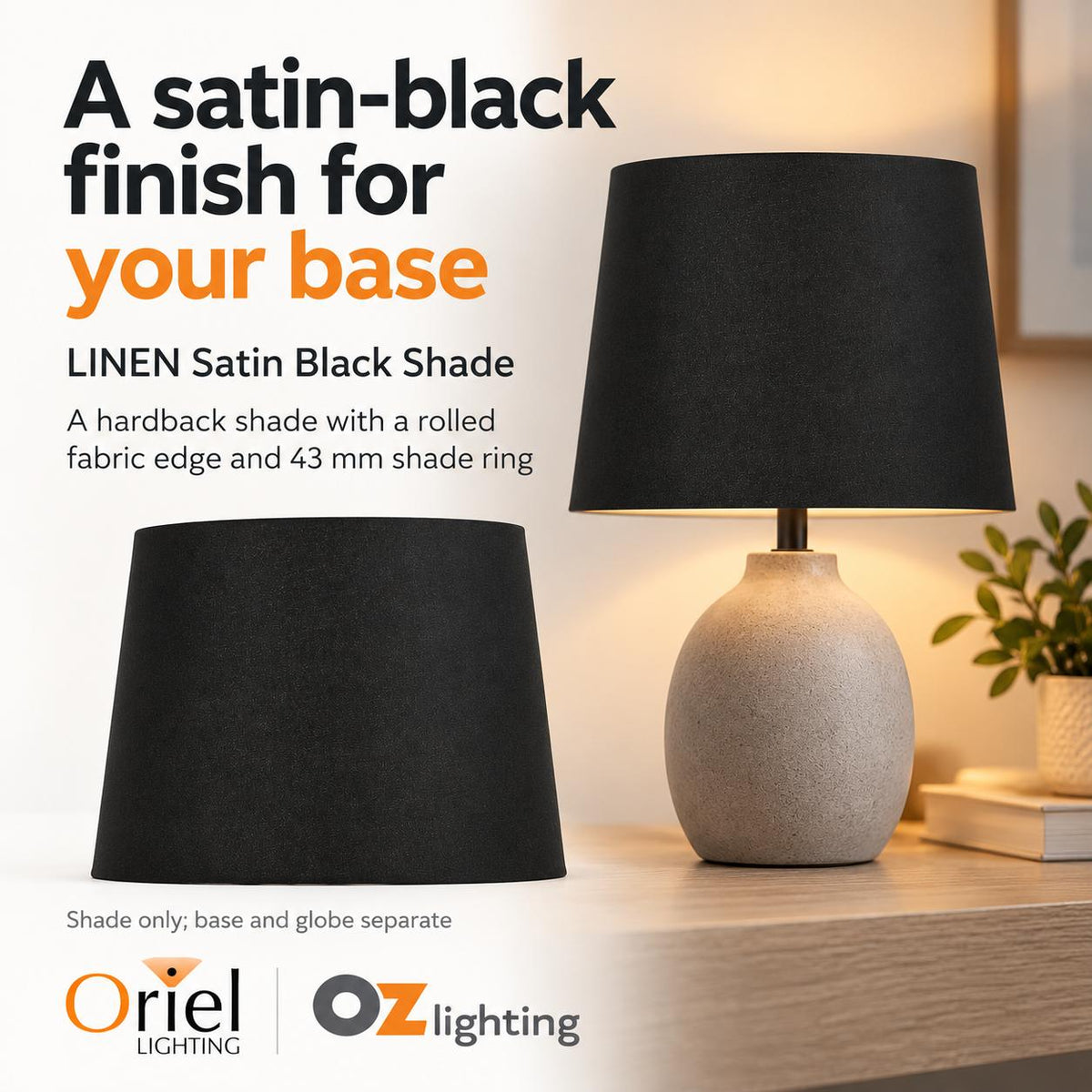 Oriel LINEN Lamp Shade - 27cm Hardbacked Linen Table, Satin Black-Oriel Lighting-Ozlighting.com.au