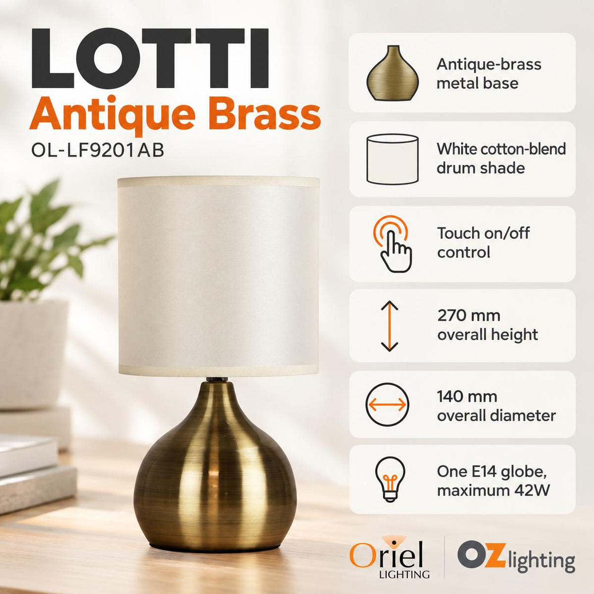 Oriel LOTTI Touch Table Lamp-Oriel Lighting-Ozlighting.com.au