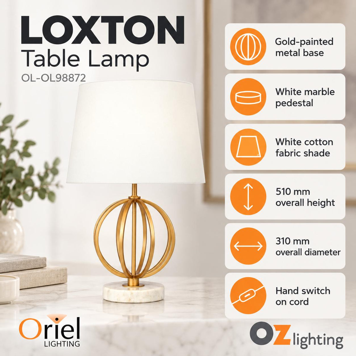 Oriel LOXTON Table Lamp - Marble-Oriel Lighting-Ozlighting.com.au