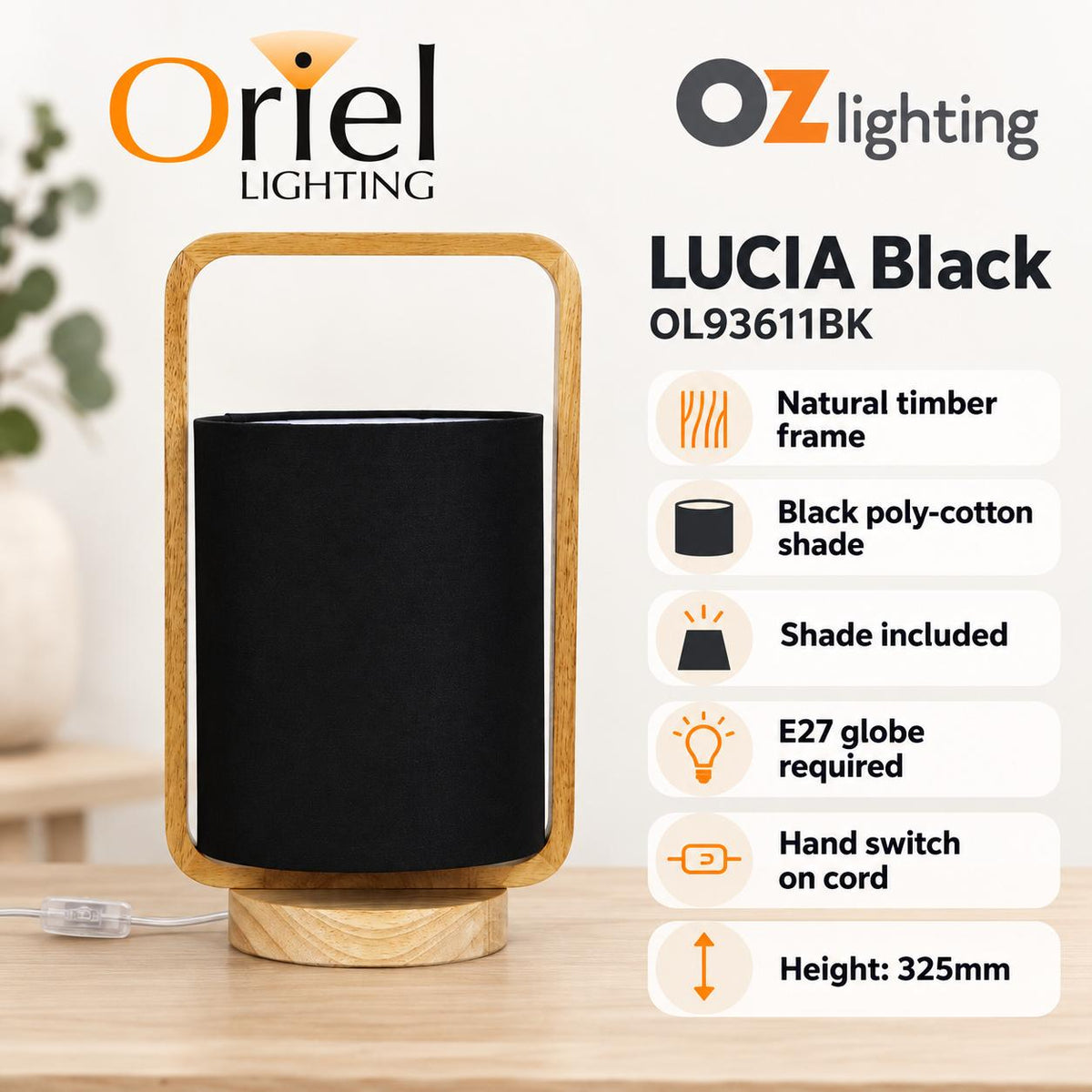 Oriel LUCIA Table Lamp - Natural Timber and Cotton-Oriel Lighting-Ozlighting.com.au