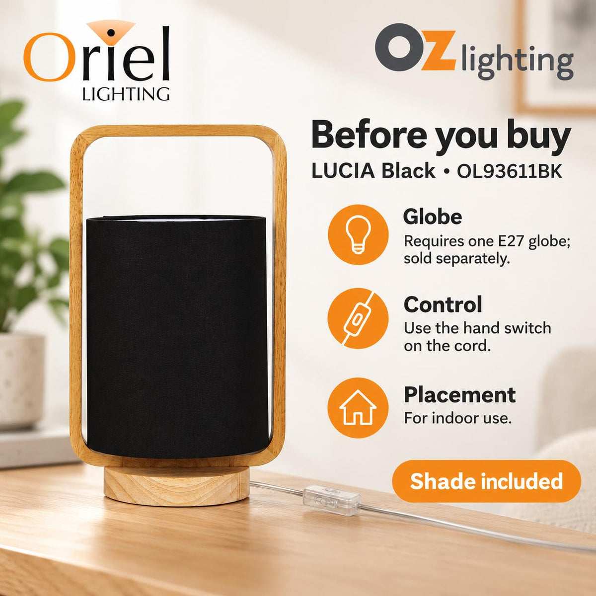Oriel LUCIA Table Lamp - Natural Timber and Cotton-Oriel Lighting-Ozlighting.com.au