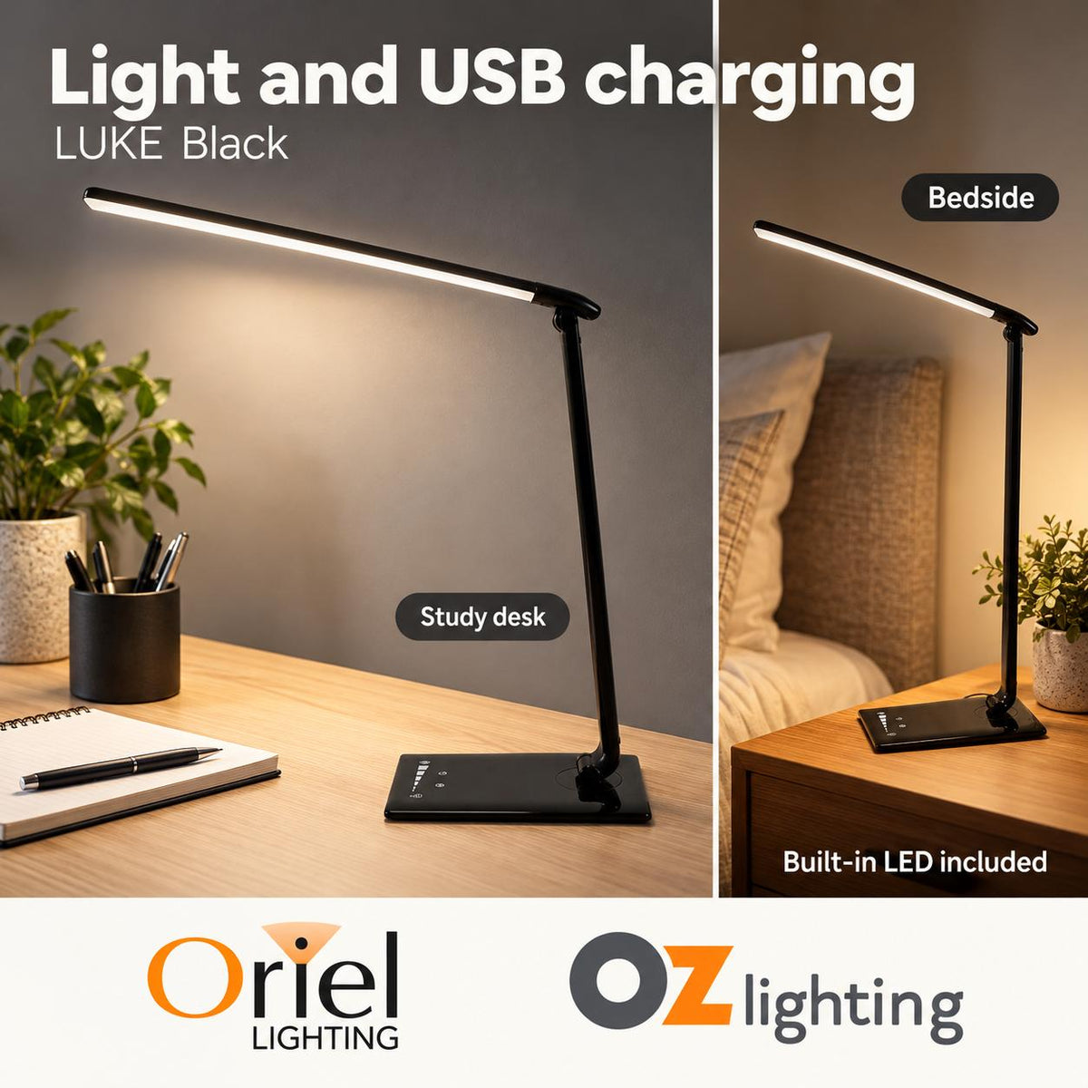 Oriel LUKE Touch LED Desk Lamp - 9W, Dimming Colour Selectable, with USB Port-Oriel Lighting-Ozlighting.com.au