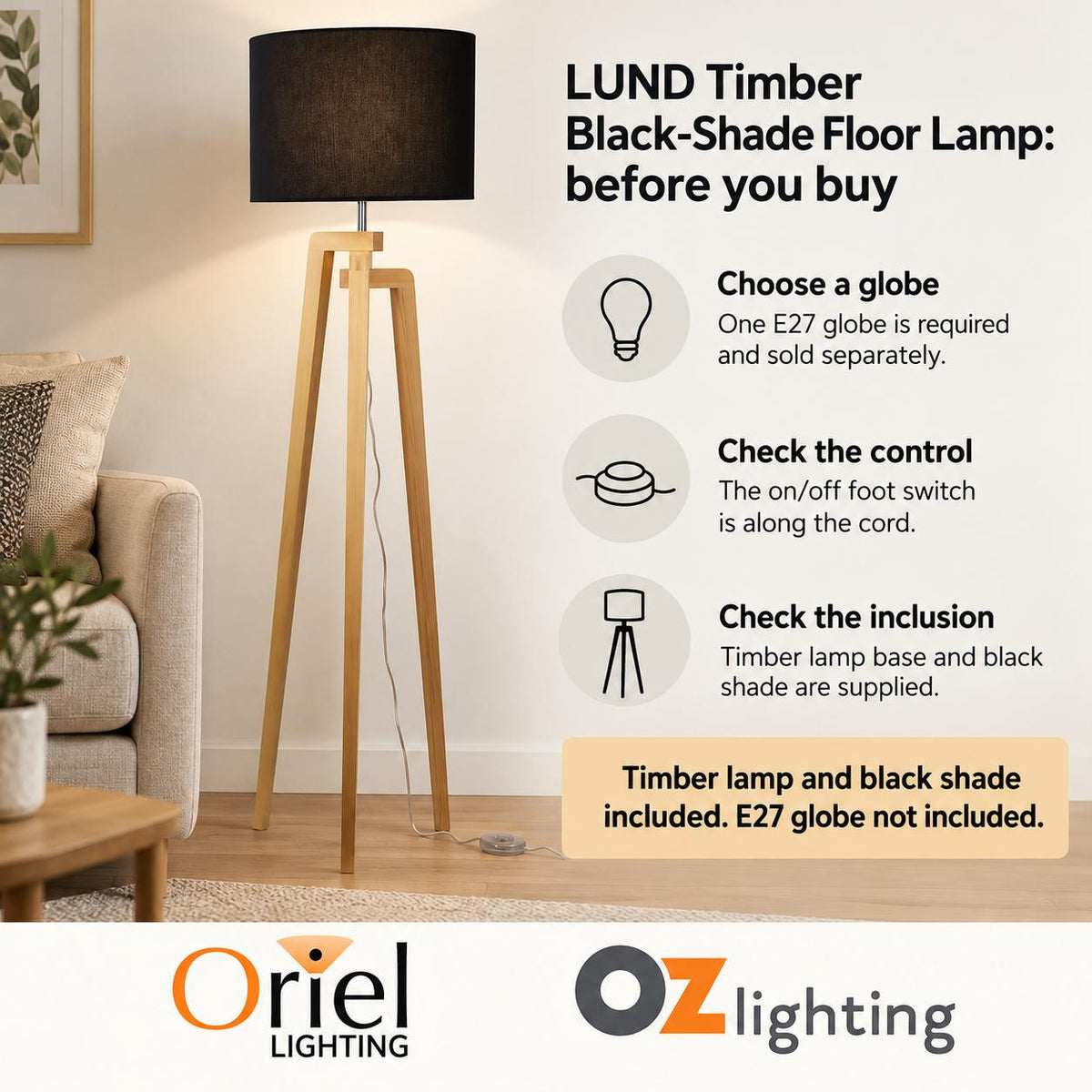 Oriel LUND Floor Lamp - Max. 60W, Tripod-Oriel Lighting-Ozlighting.com.au