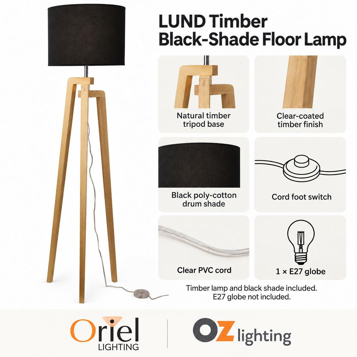 Oriel LUND Floor Lamp - Max. 60W, Tripod-Oriel Lighting-Ozlighting.com.au
