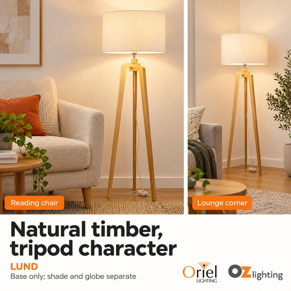 Oriel LUND Lamp Base - Scandi Timber Tripod-Oriel Lighting-Ozlighting.com.au