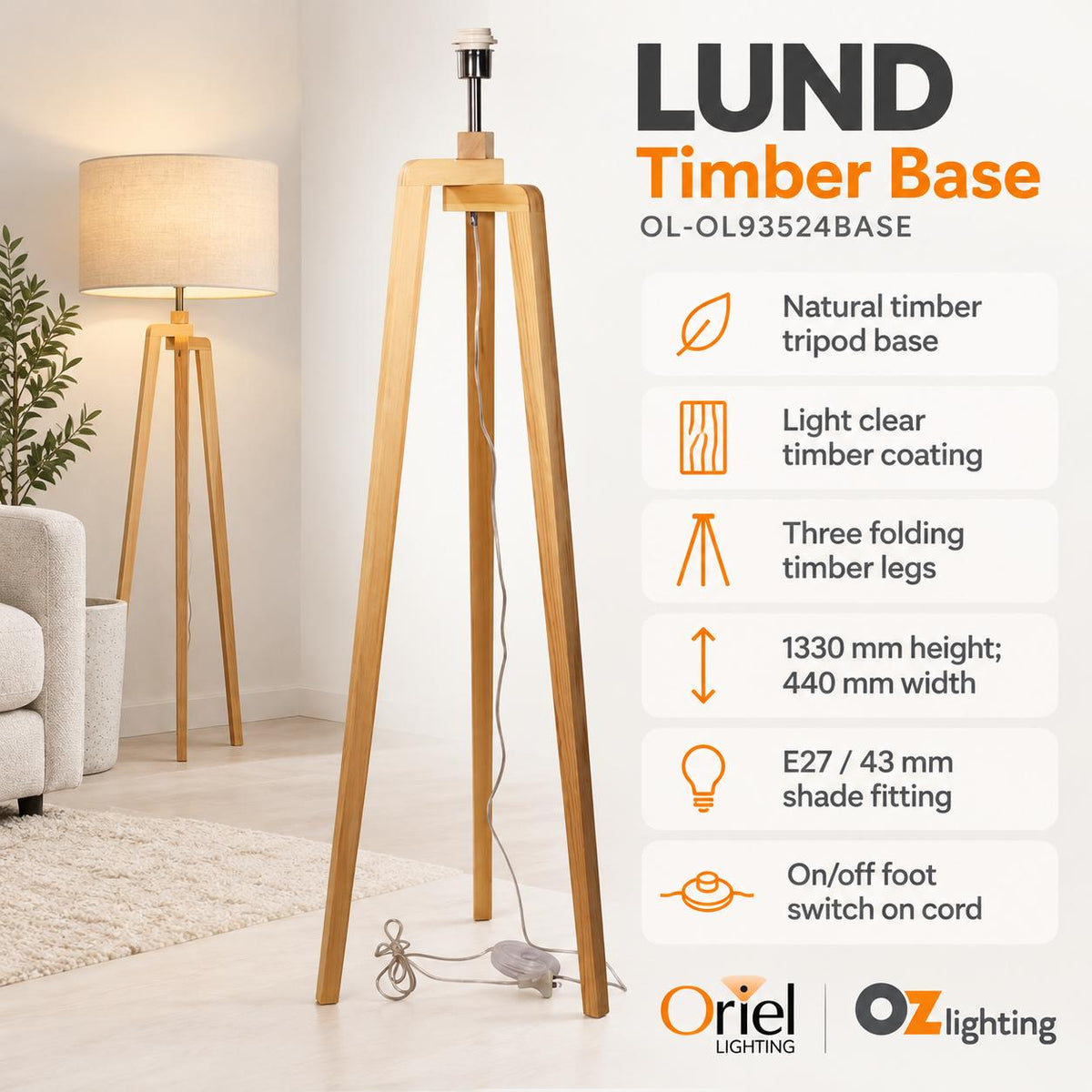 Oriel LUND Lamp Base - Scandi Timber Tripod-Oriel Lighting-Ozlighting.com.au