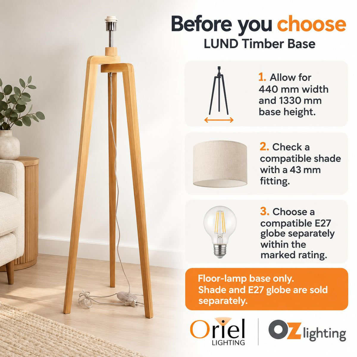 Oriel LUND Lamp Base - Scandi Timber Tripod-Oriel Lighting-Ozlighting.com.au