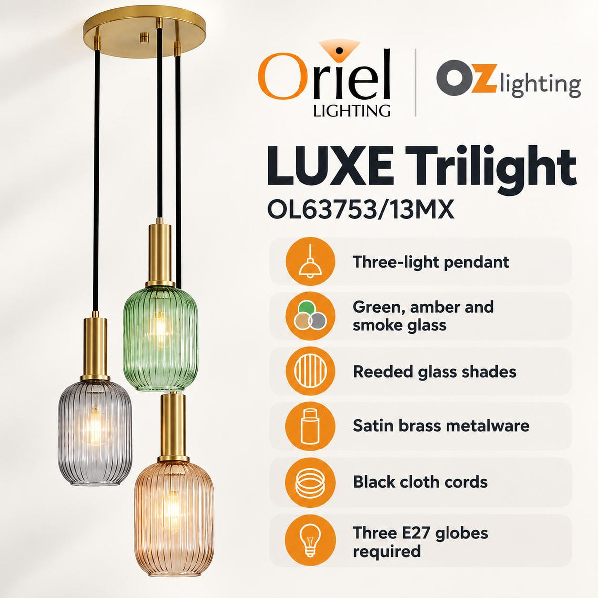 Oriel LUXE Pendant - 3 Light-Oriel Lighting-Ozlighting.com.au