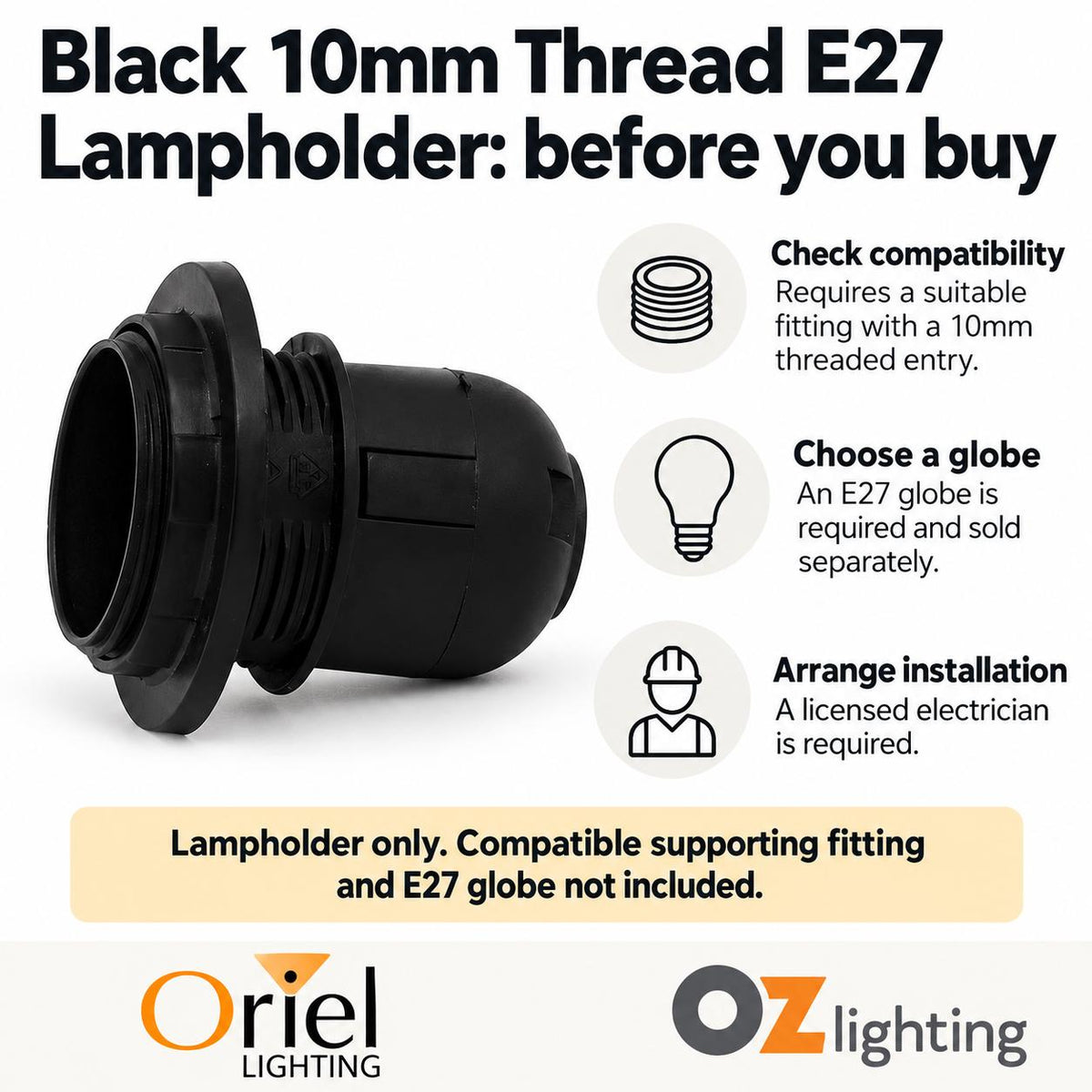 Oriel Lamp Holder - 10mm Thread E27-Oriel Lighting-Ozlighting.com.au