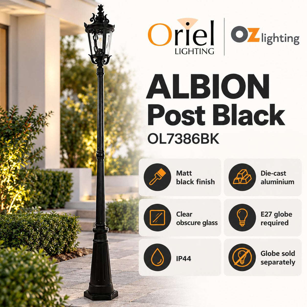 Oriel Lighting ALBION Outdoor Post Light - Black-Oriel Lighting-Ozlighting.com.au