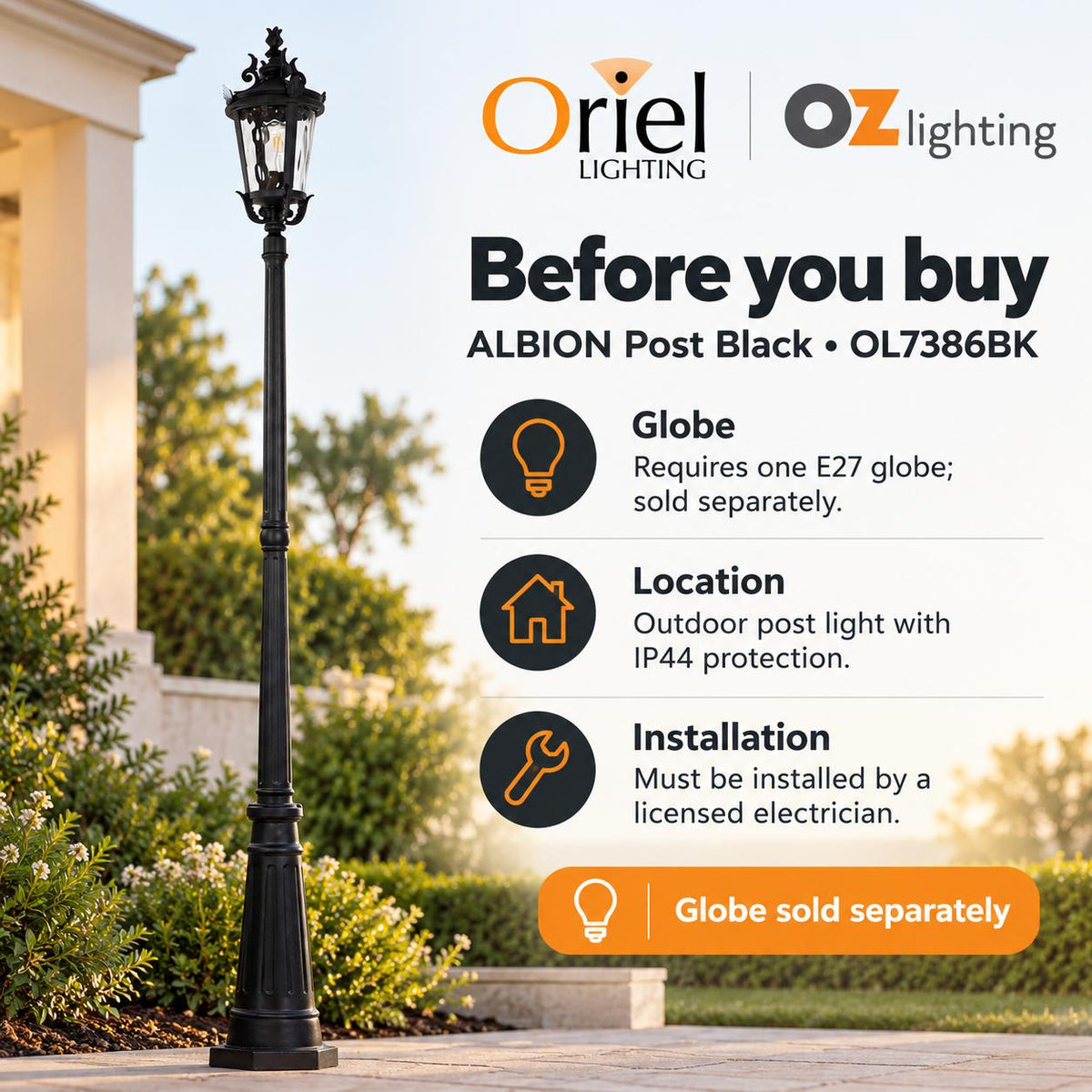 Oriel Lighting ALBION Outdoor Post Light - Black-Oriel Lighting-Ozlighting.com.au
