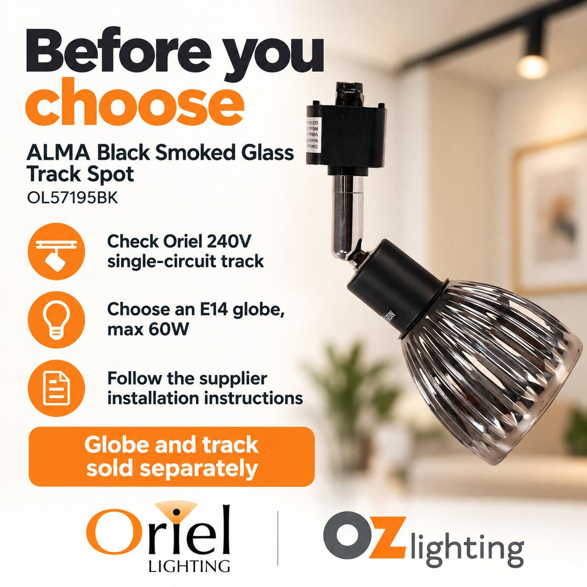 Oriel Lighting ALMA Smoked Track Spotlight - Glass, Black-Oriel Lighting-Ozlighting.com.au