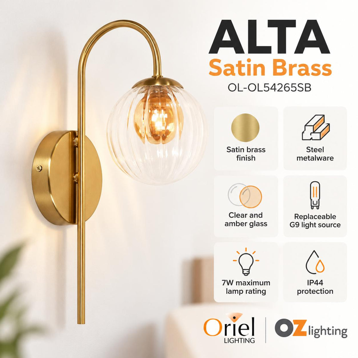 Oriel Lighting ALTA Wall Light - Glass, Satin Brass-Oriel Lighting-Ozlighting.com.au
