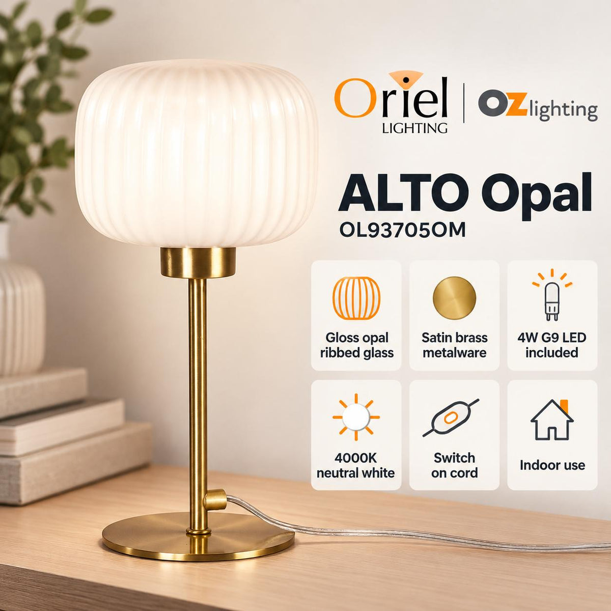 Oriel Lighting ALTO Opal Table Lamp - Glass, Satin Brass-Oriel Lighting-Ozlighting.com.au