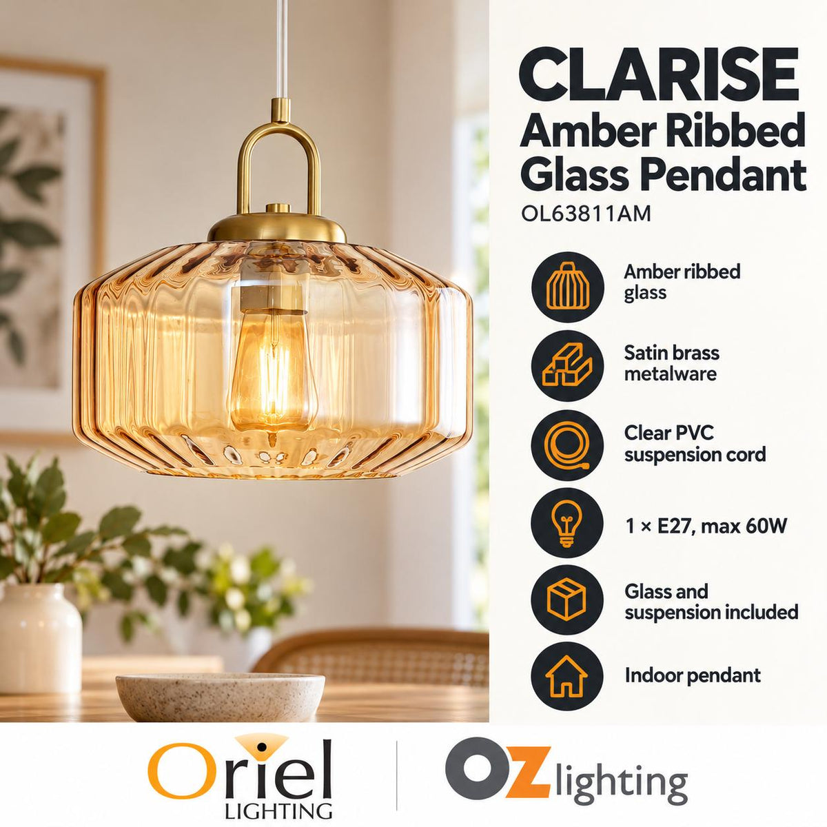 Oriel Lighting CLARISE Ribbed Pendant - Glass-Oriel Lighting-Ozlighting.com.au