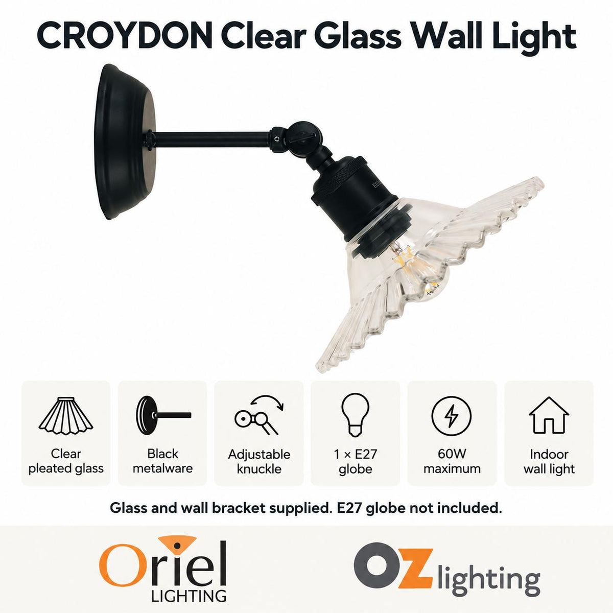 Oriel Lighting CROYDON Wall Light - Pleated Glass, Clear-Oriel Lighting-Ozlighting.com.au