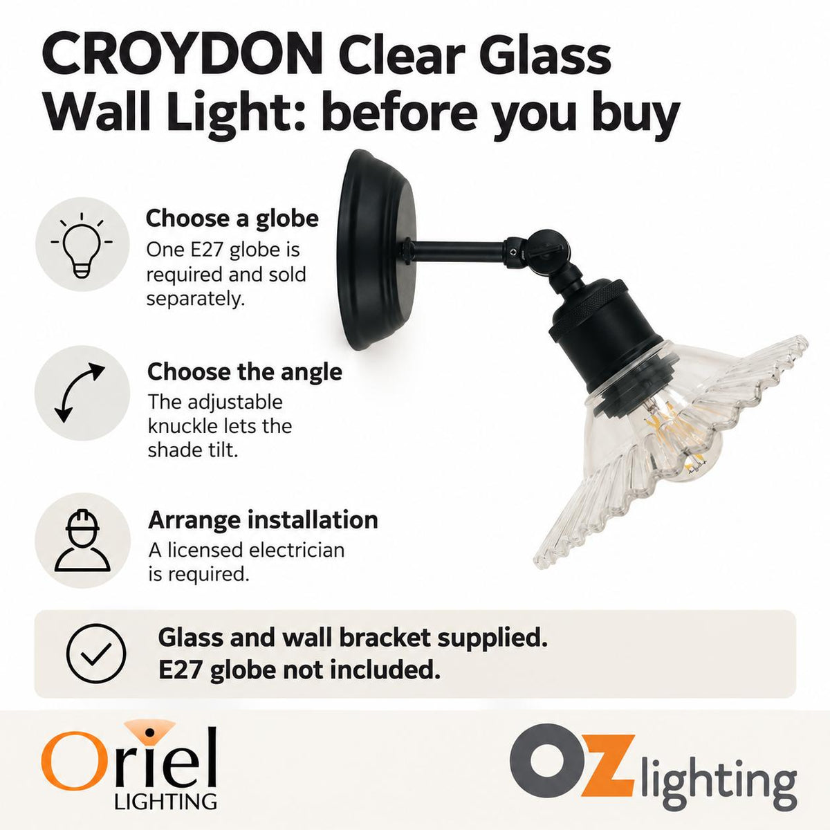 Oriel Lighting CROYDON Wall Light - Pleated Glass, Clear-Oriel Lighting-Ozlighting.com.au