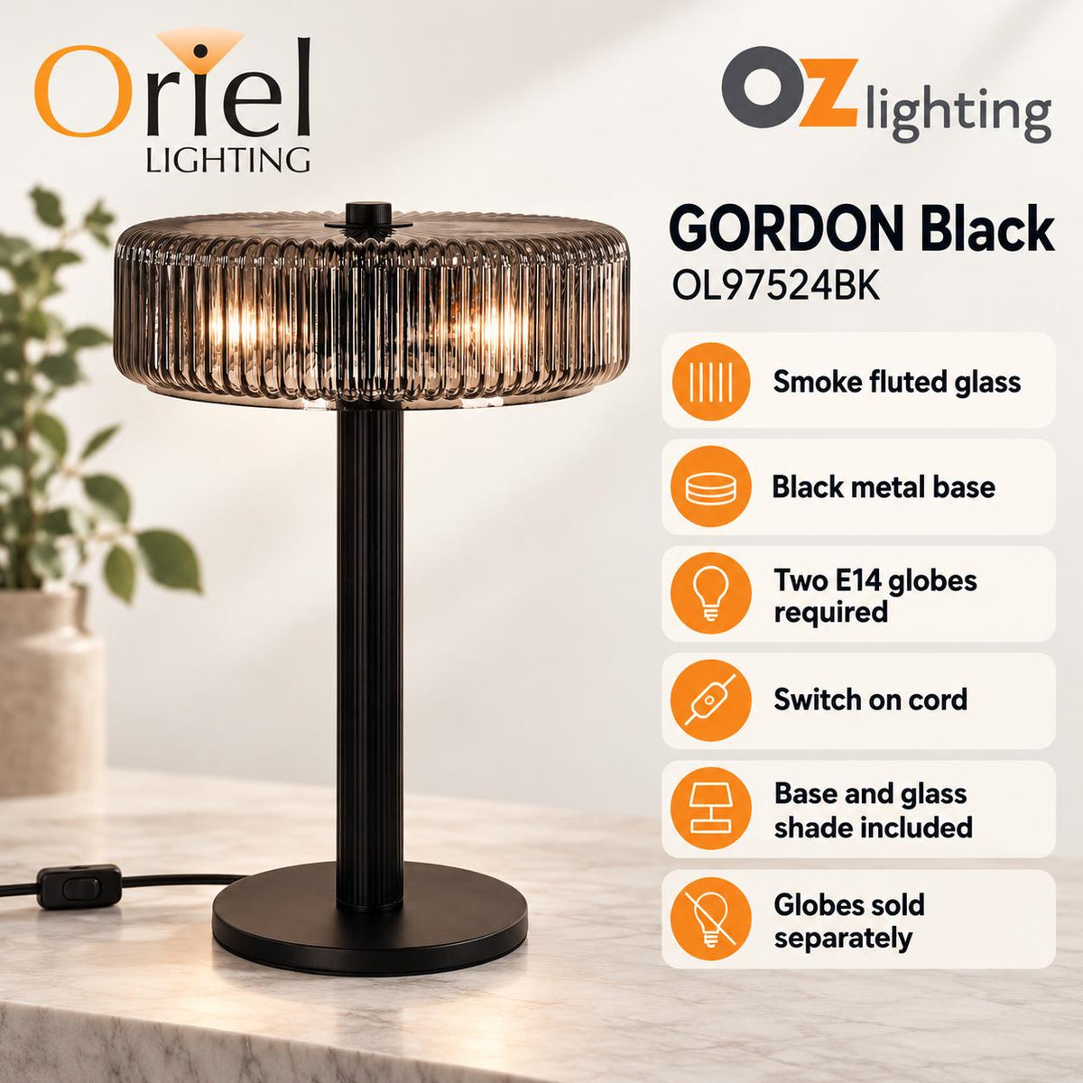 Oriel Lighting GORDON Ribbed Table Lamp - Glass-Oriel Lighting-Ozlighting.com.au