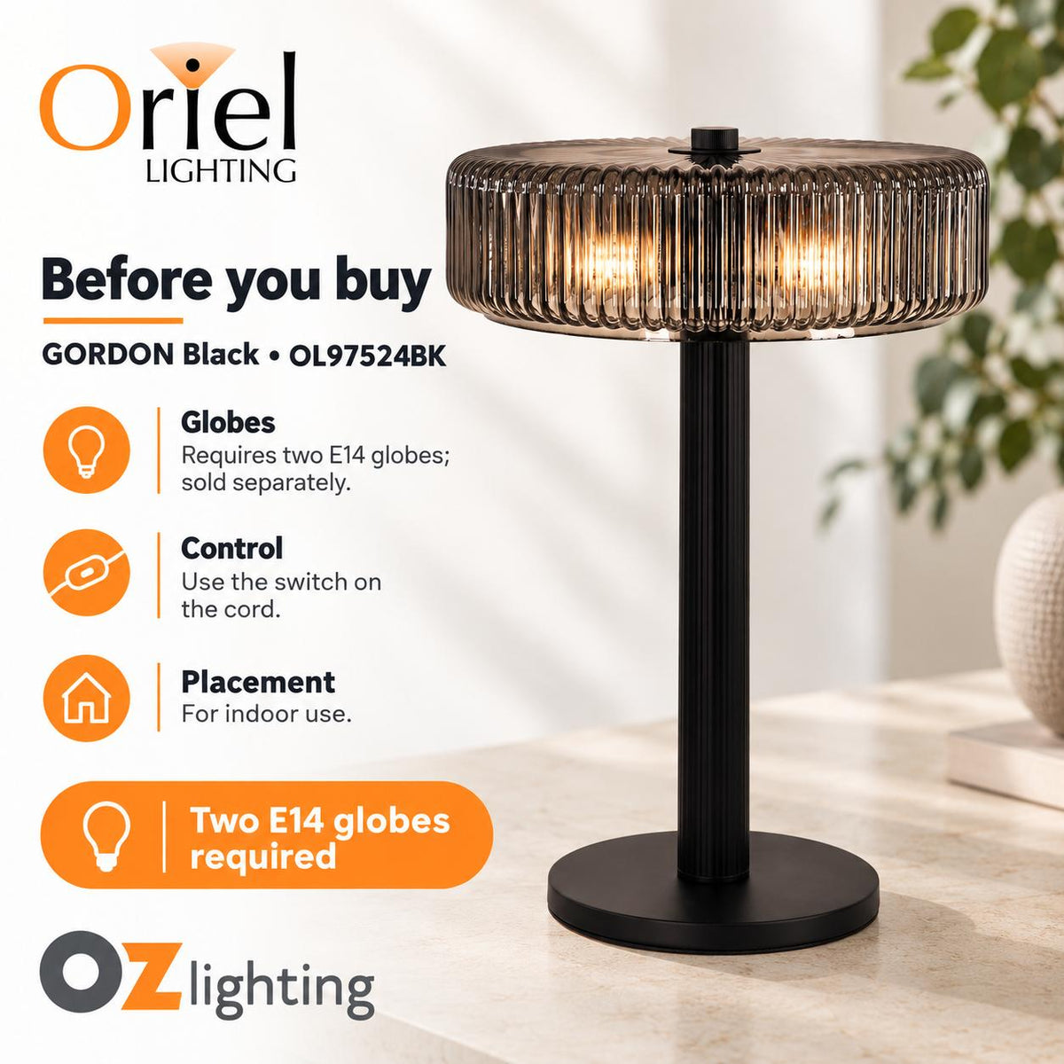 Oriel Lighting GORDON Ribbed Table Lamp - Glass-Oriel Lighting-Ozlighting.com.au