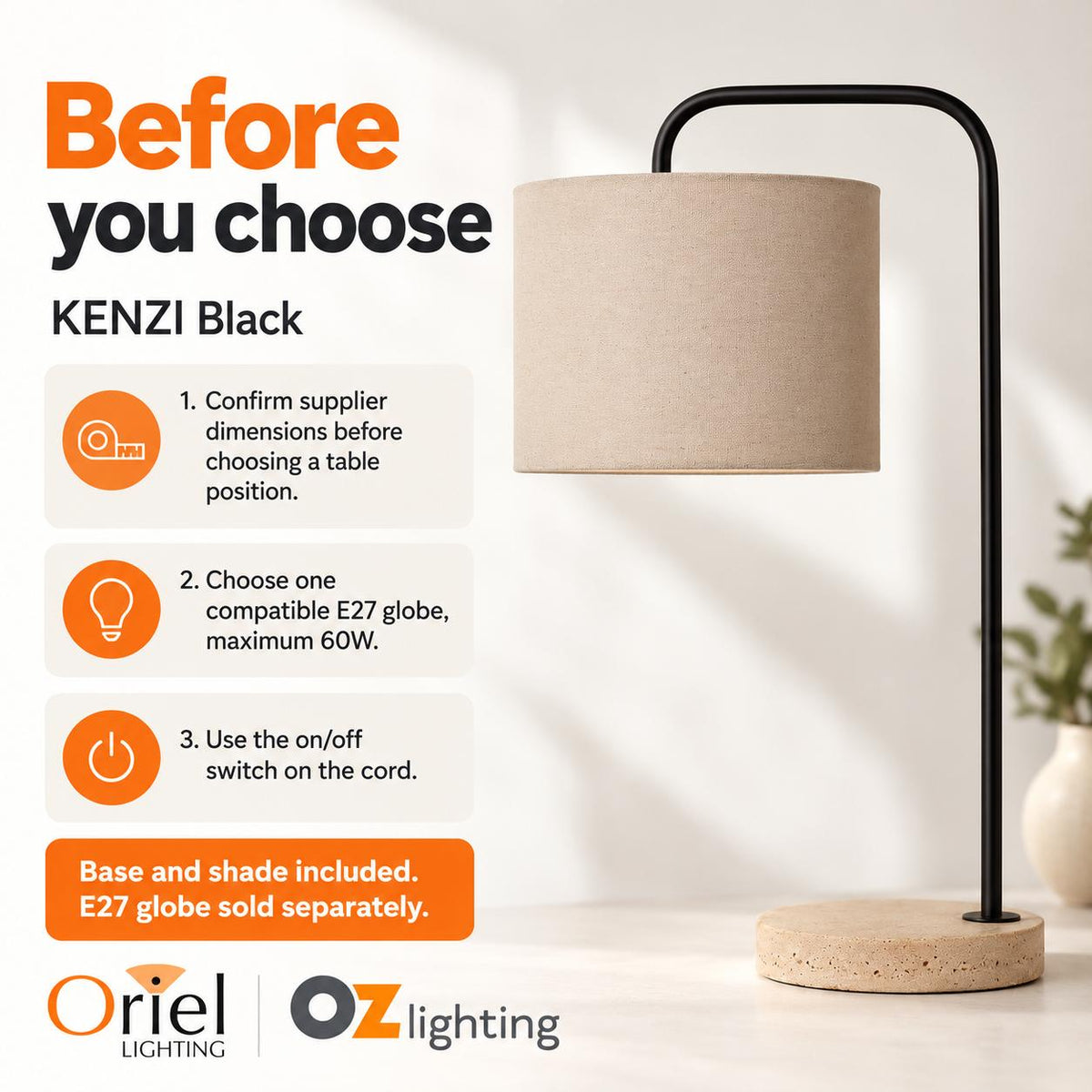 Oriel Lighting KENZI Table Lamp - Travertine, Black-Oriel Lighting-Ozlighting.com.au