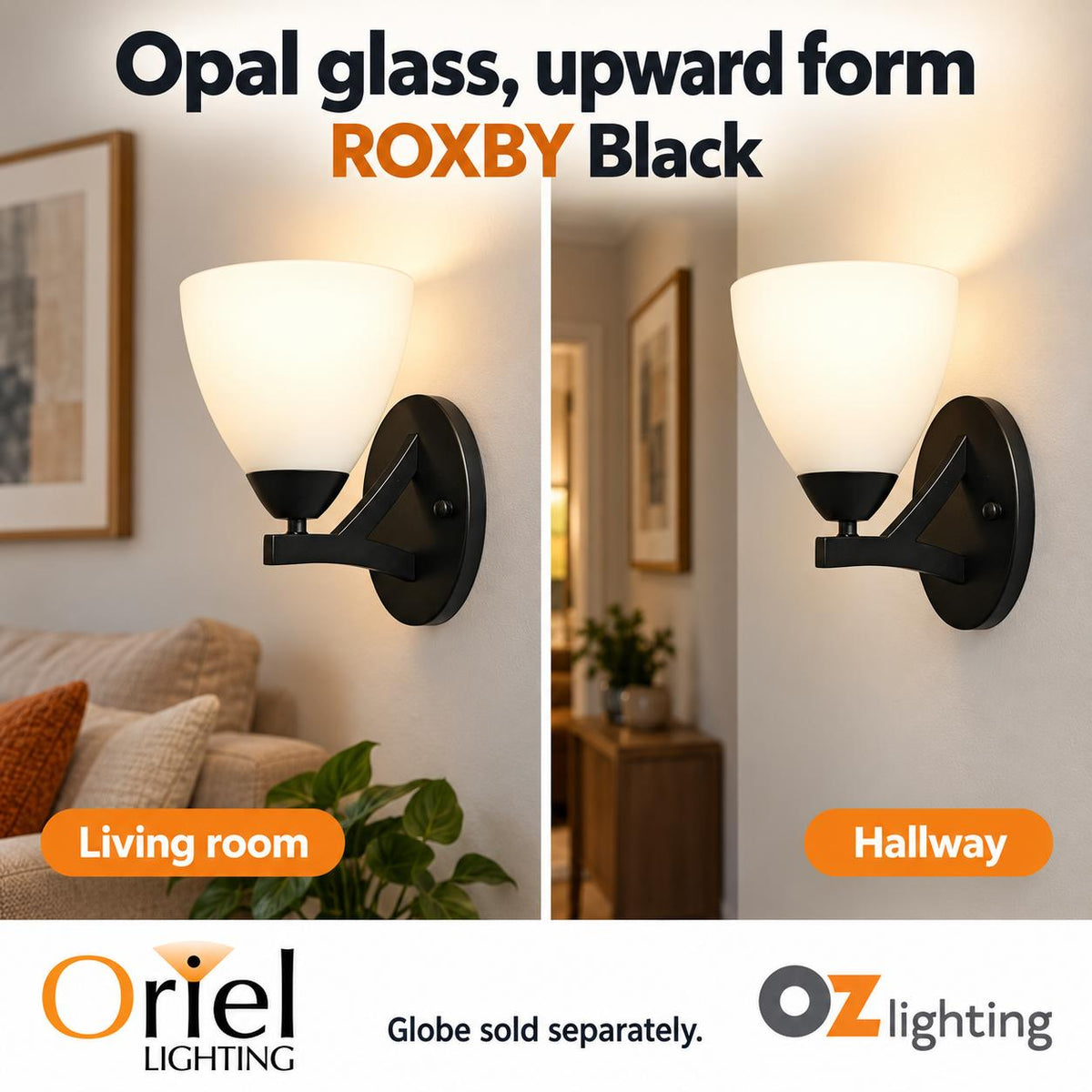 Oriel Lighting ROXBY Opal Wall Light - Glass, Black-Oriel Lighting-Ozlighting.com.au