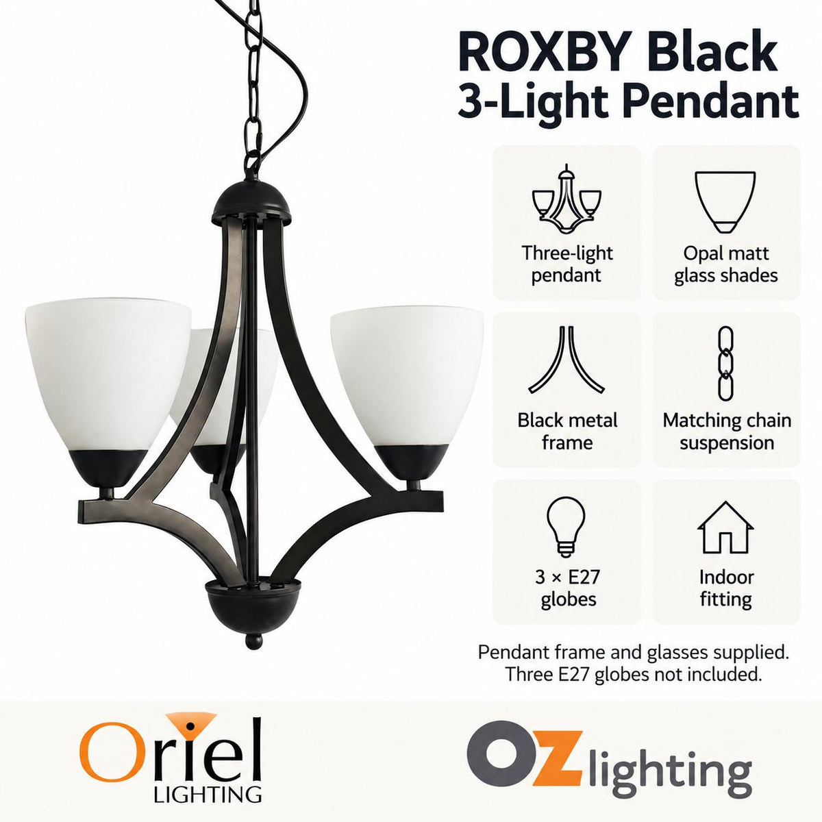 Oriel Lighting ROXBY Pendant - 3 Light, Black-Oriel Lighting-Ozlighting.com.au