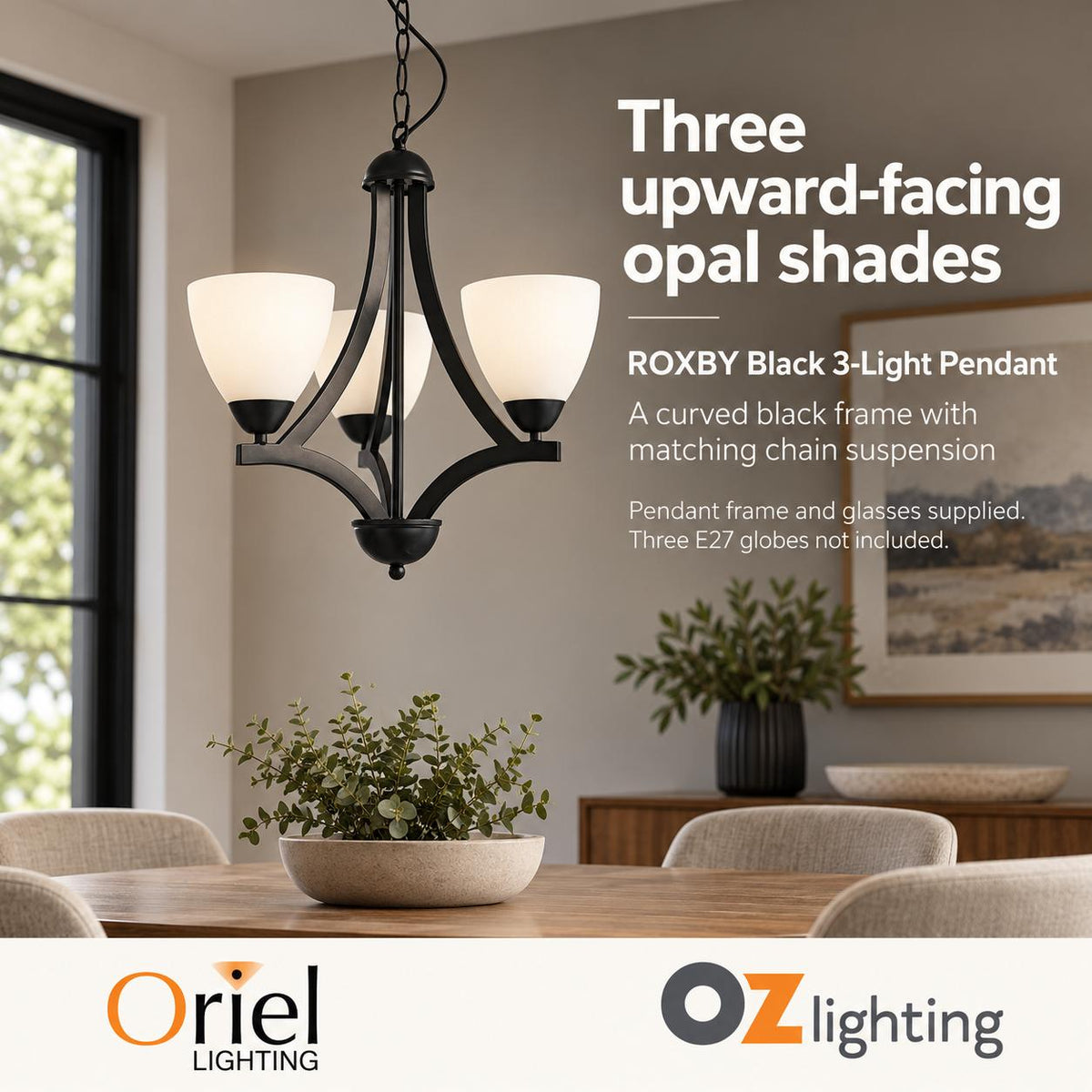Oriel Lighting ROXBY Pendant - 3 Light, Black-Oriel Lighting-Ozlighting.com.au
