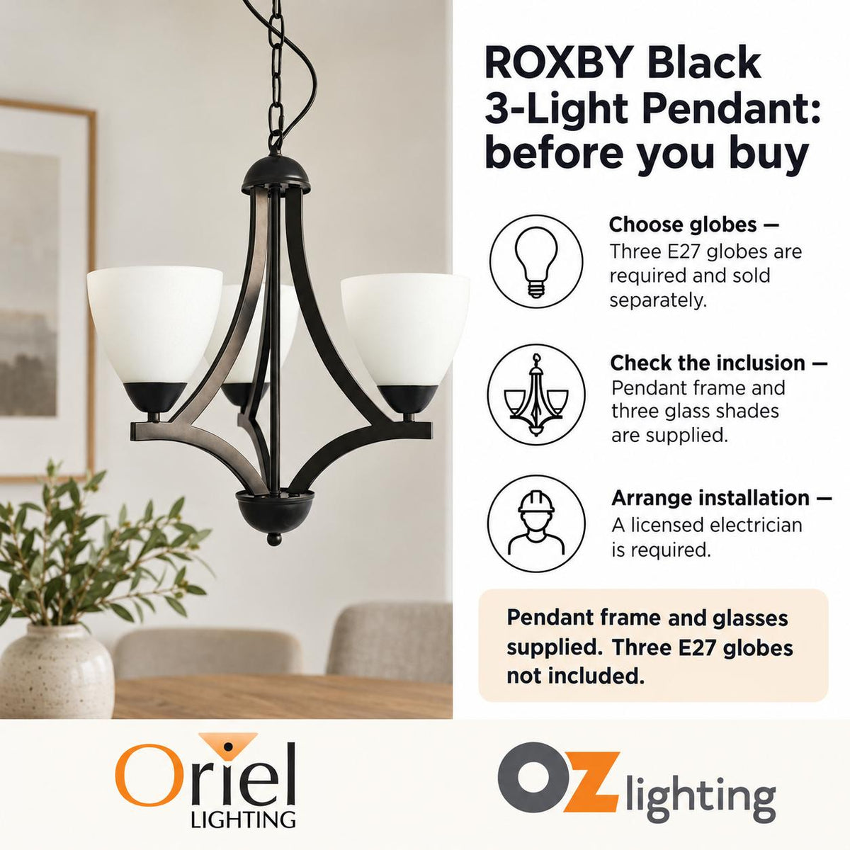 Oriel Lighting ROXBY Pendant - 3 Light, Black-Oriel Lighting-Ozlighting.com.au