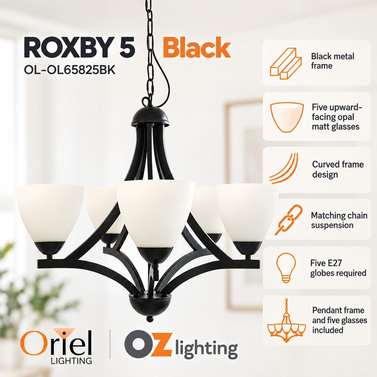 Oriel Lighting ROXBY Pendant - 5 Light, Black-Oriel Lighting-Ozlighting.com.au