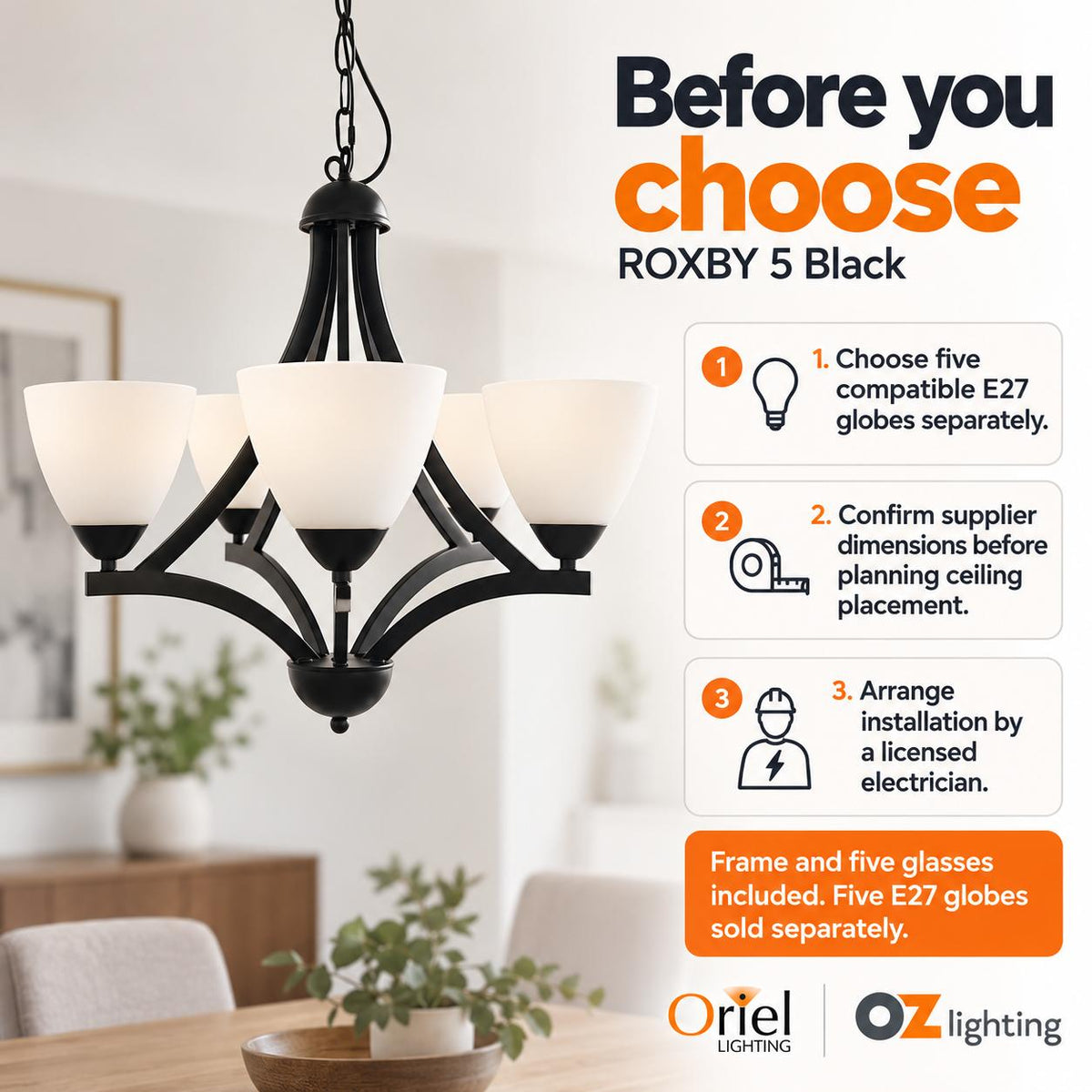 Oriel Lighting ROXBY Pendant - 5 Light, Black-Oriel Lighting-Ozlighting.com.au