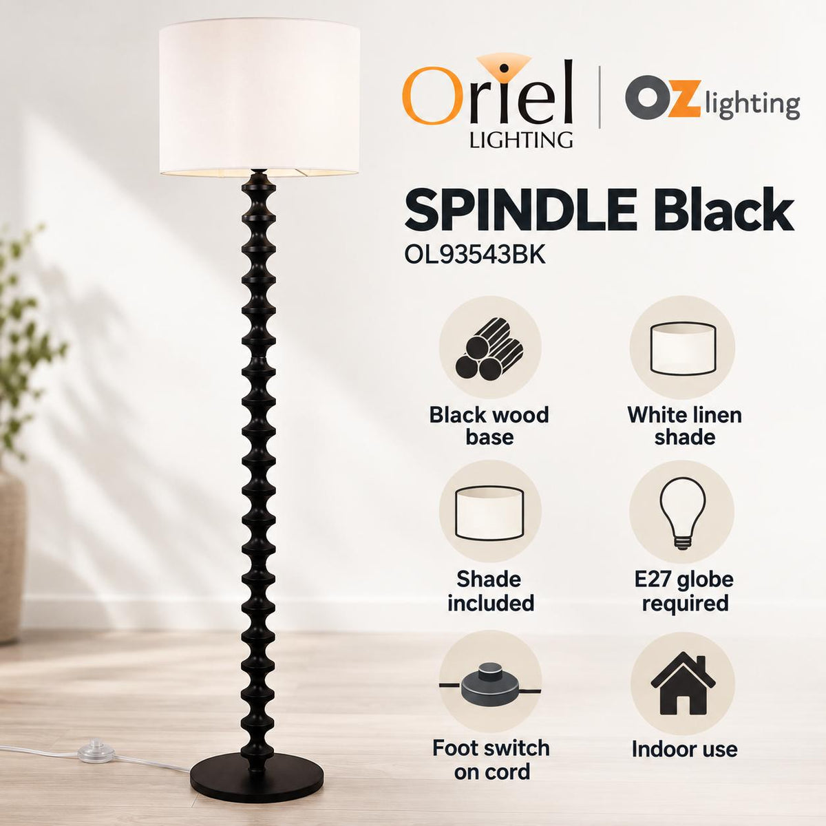 Oriel Lighting SPINDLE Floor Lamp - with Shade-Oriel Lighting-Ozlighting.com.au
