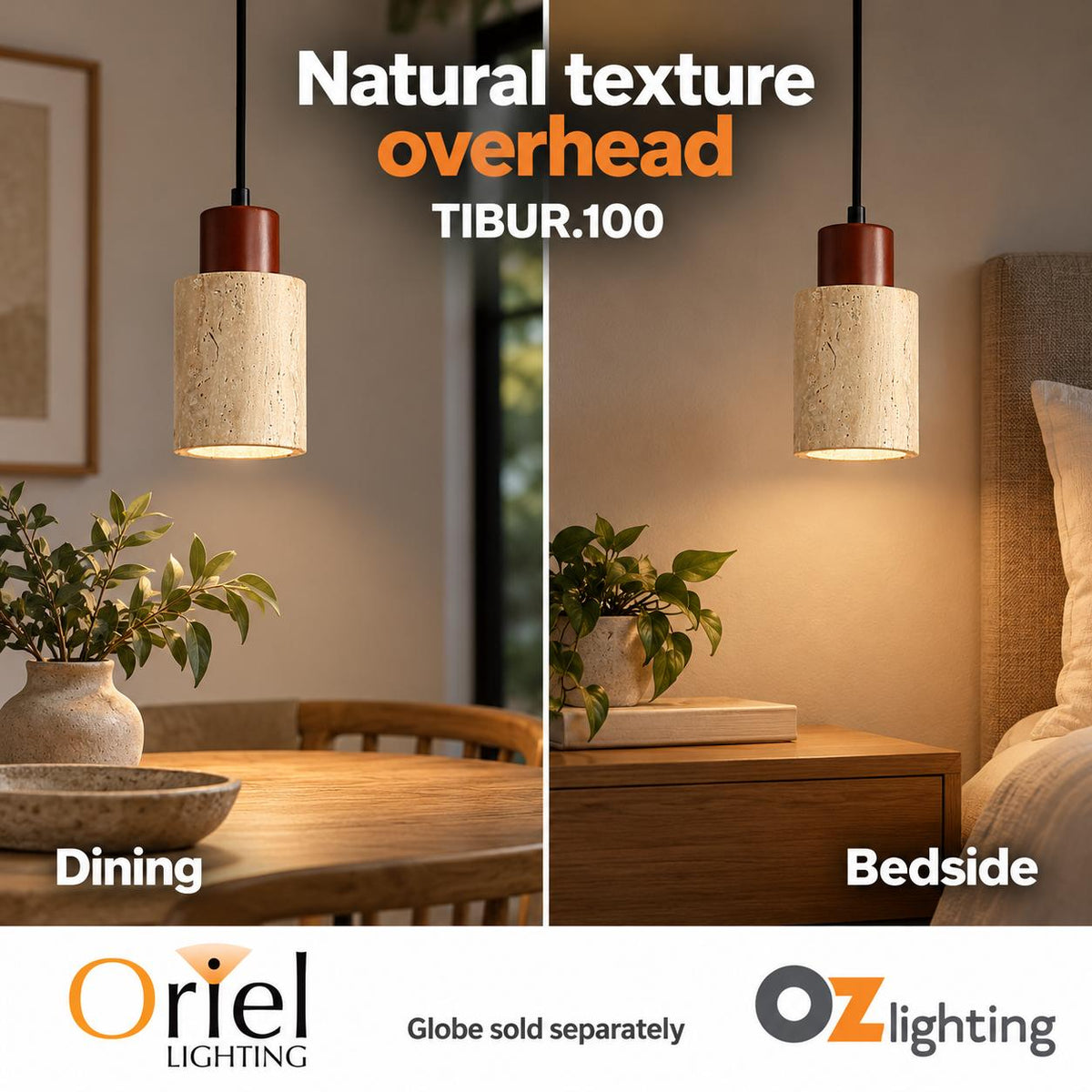 Oriel Lighting TIBUR.100 Pendant - Travertine and Wood-Oriel Lighting-Ozlighting.com.au
