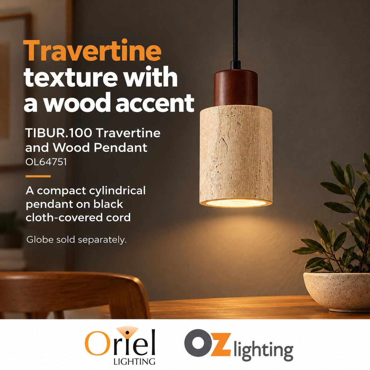 Oriel Lighting TIBUR.100 Pendant - Travertine and Wood-Oriel Lighting-Ozlighting.com.au